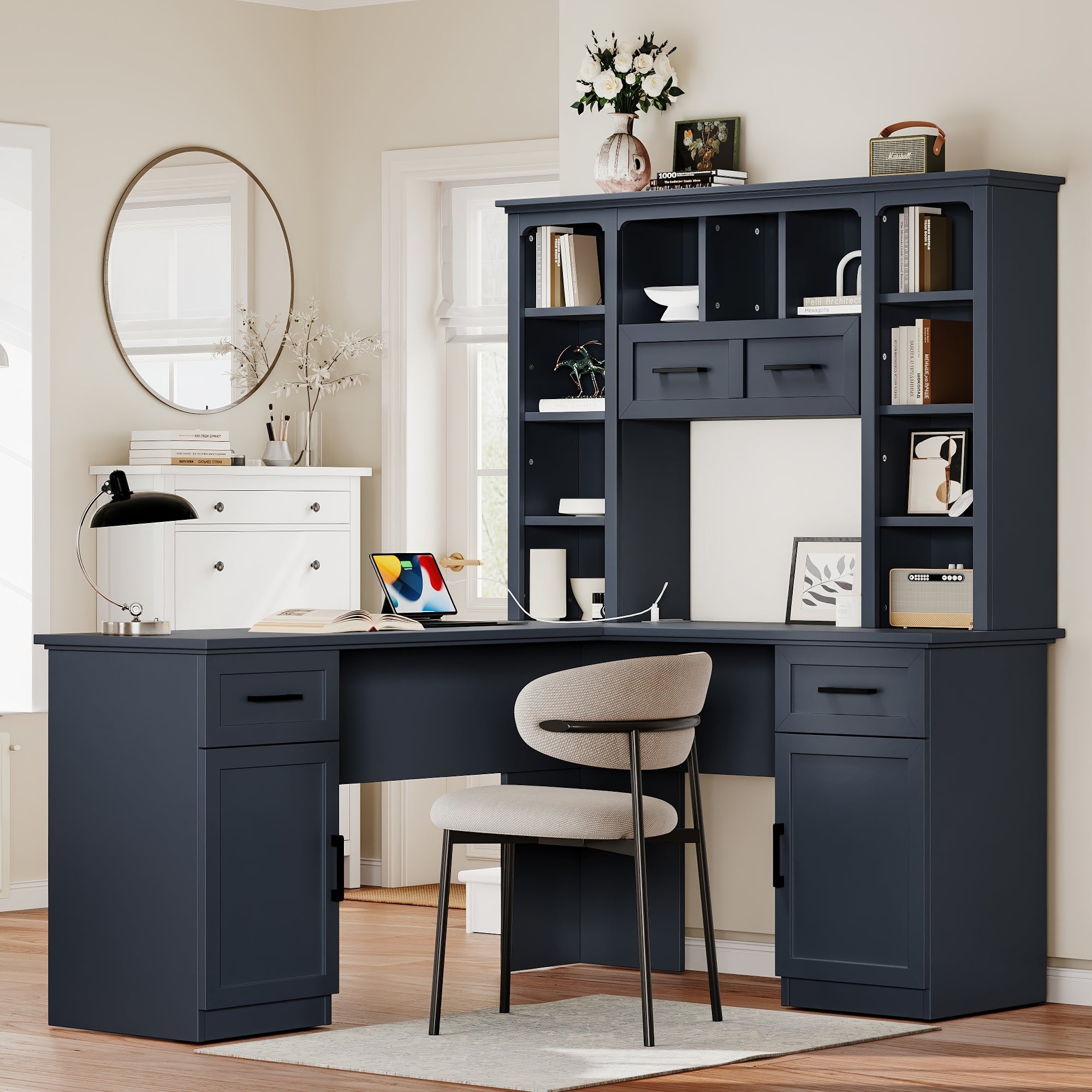 Antique blue L-shaped computer desk with storage — front view