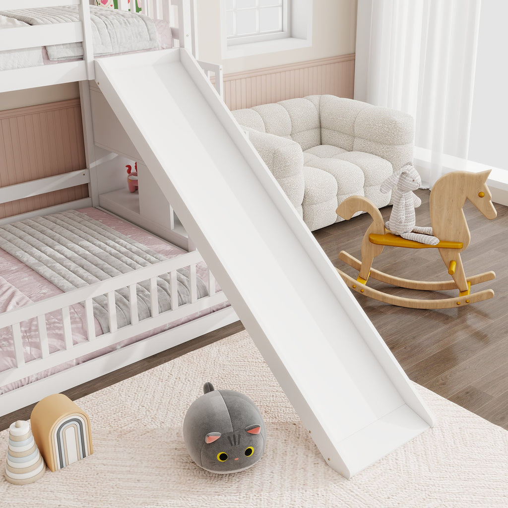 Twin Over Full Bunk Bed with Slide, Storage Staircase, Pine Solid Wooden Bunk Bed with Safety Guardrails ,Grey (Old Sku W504S00184)