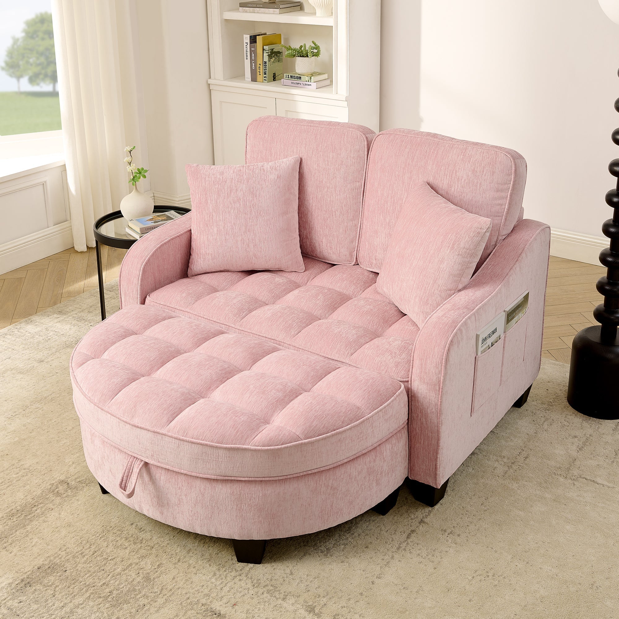 Corduroy 2-Seater Sofa Chaise — Storage Footrest & 2 Pillows, 42.7" Wide