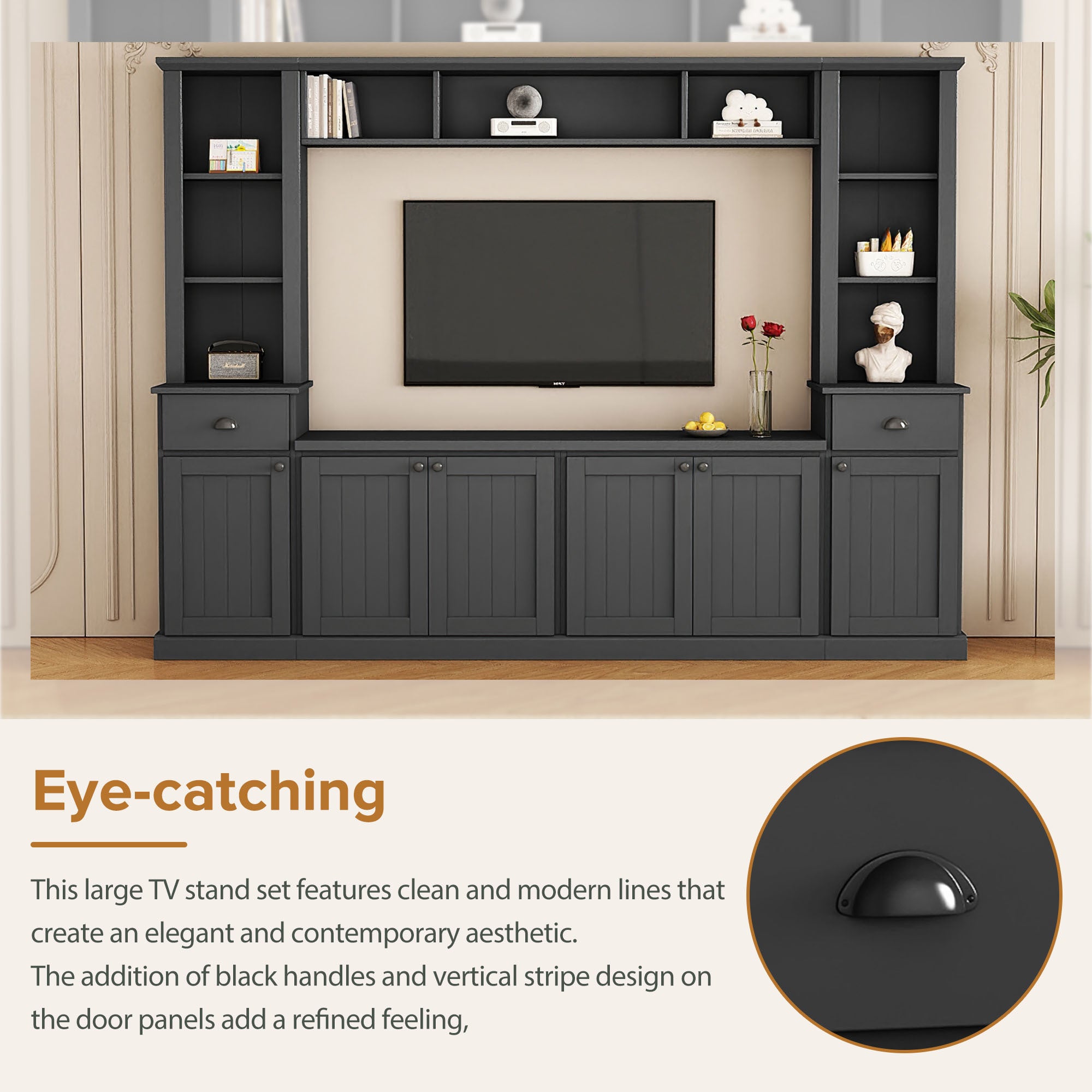 Entertainment center wall unit with adjustable shelves and storage