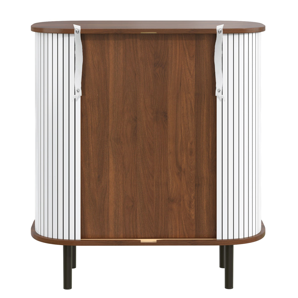 28' Fluted Wine Bar Cabinet with 8-Grid Wine Rack, 5-Level Adjustable Shelves, 2 Glass Holders, Smoothly Sliding Tambour Doors, 4 Hidden Storage Space on the Side, Modern Liquor Coffee Station, Black