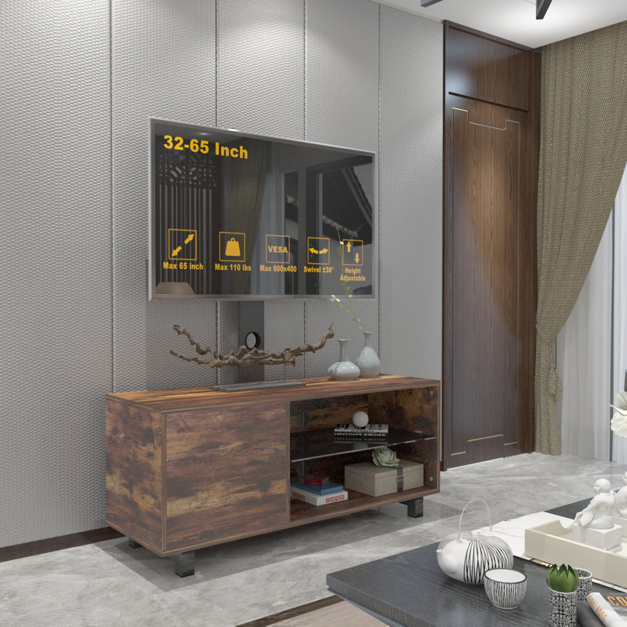 Rustic brown media console in living room setting