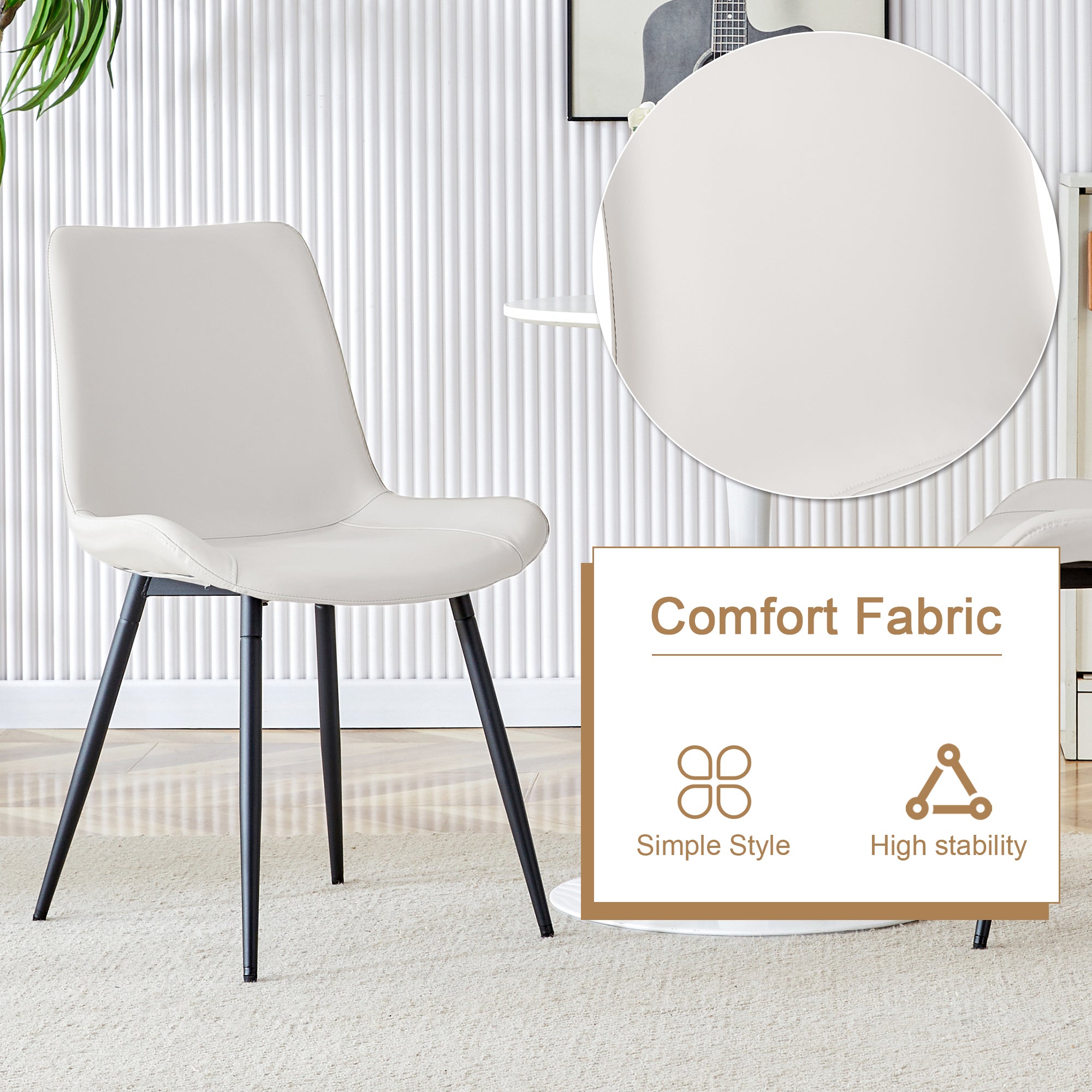 Table and chair set.42 inch modern minimalist brown wood grain round dining table set.Paired with 6 Black Artificial PU Chairs With Curved Widened Cushion Design. Suitable for dining rooms,office,etc.