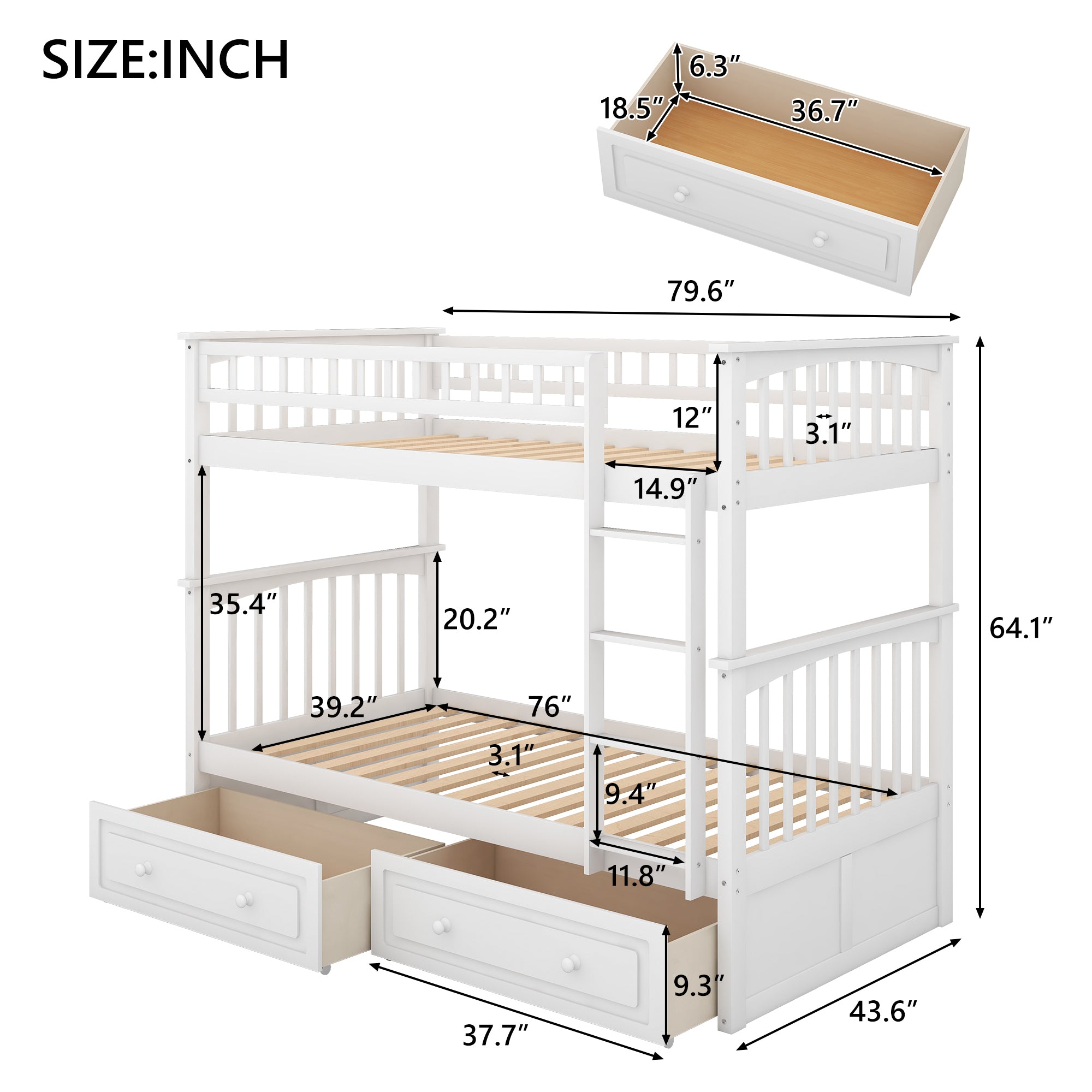 White convertible bunk bed with wheeled storage drawers