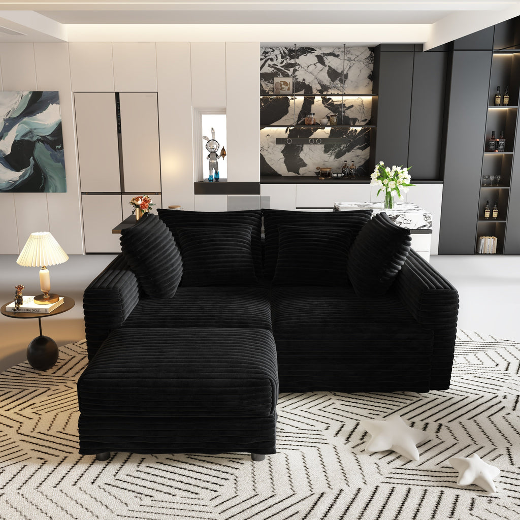 102.4 'Plush Corduroy 4-Seat Sofa,Modern Comfy Upholstered Sofa Cloud Couch,Deep Seat Couches with Soft Pillows and 3 Ottomans,Convertible Sofa Lounge Chair,Black(Old SKU:W1885S00287)