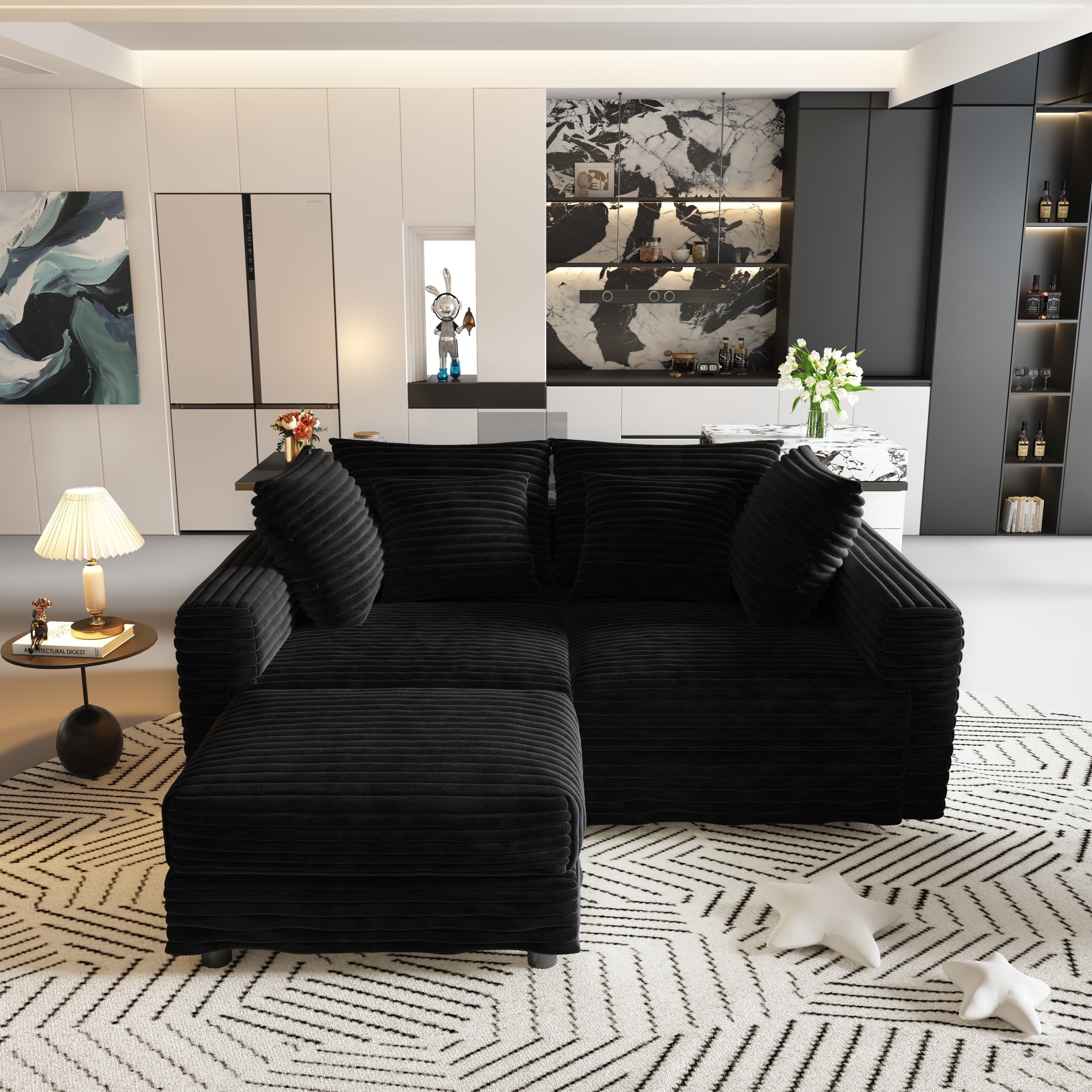 102.4 'Plush Corduroy 4-Seat Sofa,Modern Comfy Upholstered Sofa Cloud Couch,Deep Seat Couches with Soft Pillows and 3 Ottomans,Convertible Sofa Lounge Chair,Black(Old SKU:W1885S00287)