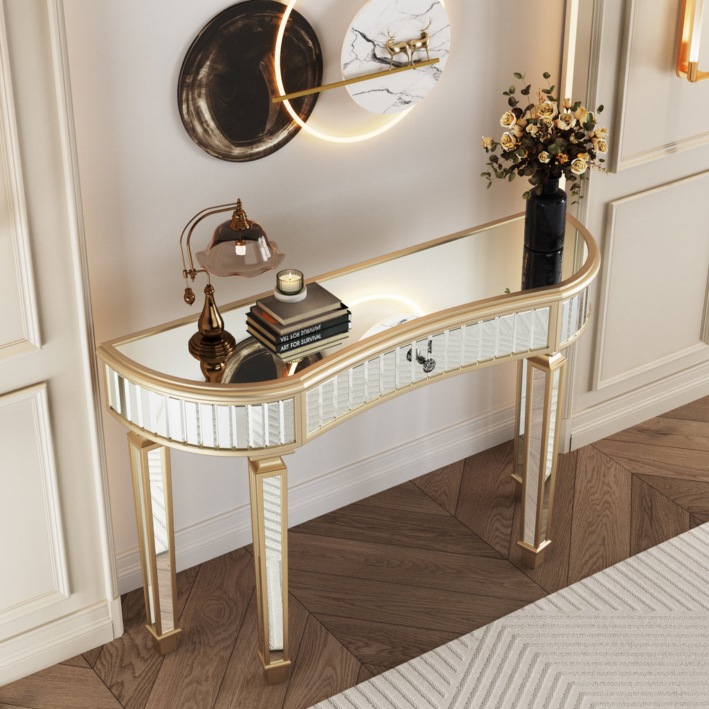 Slim entryway console table gold silver mirrored finish