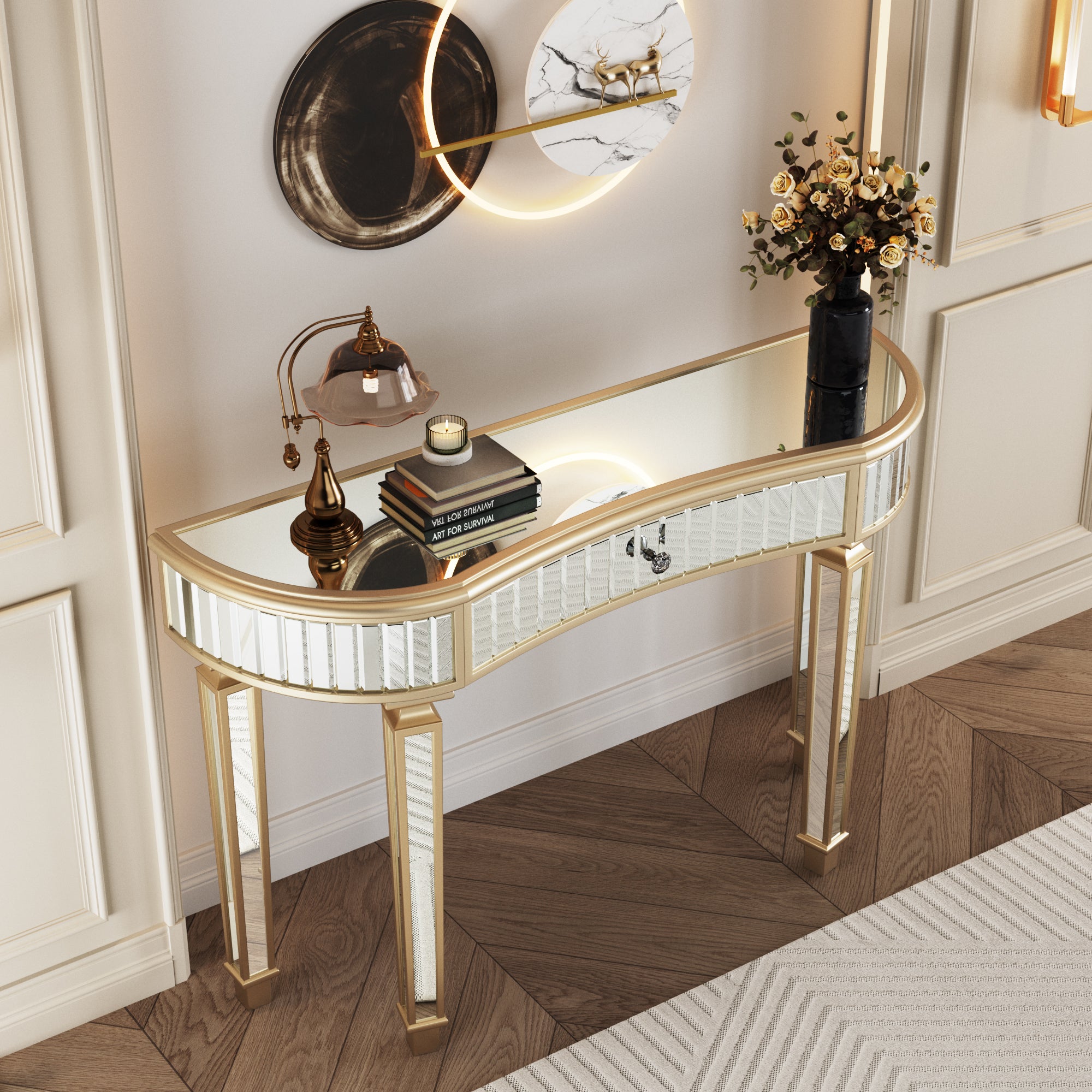 Slim entryway console table gold silver mirrored finish
