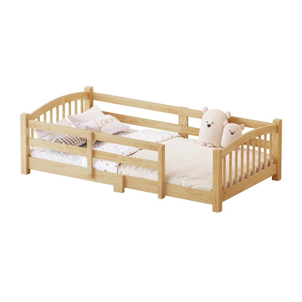 Twin Montessori Floor Bed with Slats and Safety Guardrails, Solid Wood Floor Bed with Fence and Without Door, Easy Assemble Montessori Bed for Girls and Boys, Gray