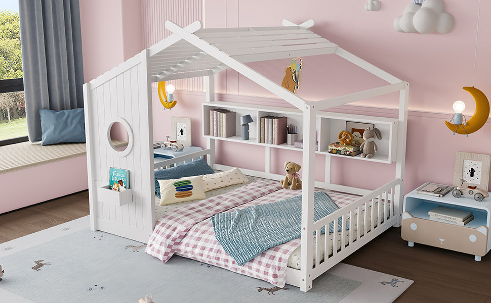 Full Size Floor House Bed for Toddler, Kids Montessori Bed with Storage Shelf, Playhouse Bed with Roof Design, Gray