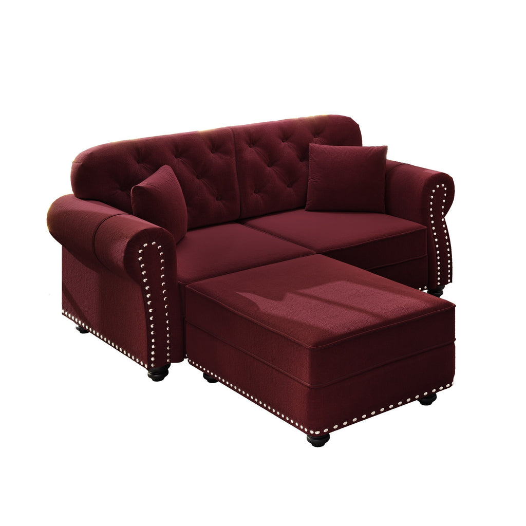 63'Upholstered Velvet Sofa with Nailhead Trim and Rolled Armrests,Mid-Century Modern Chesterfield Sofa with Button Tufted,Includes 2 Pillows,Beige/White