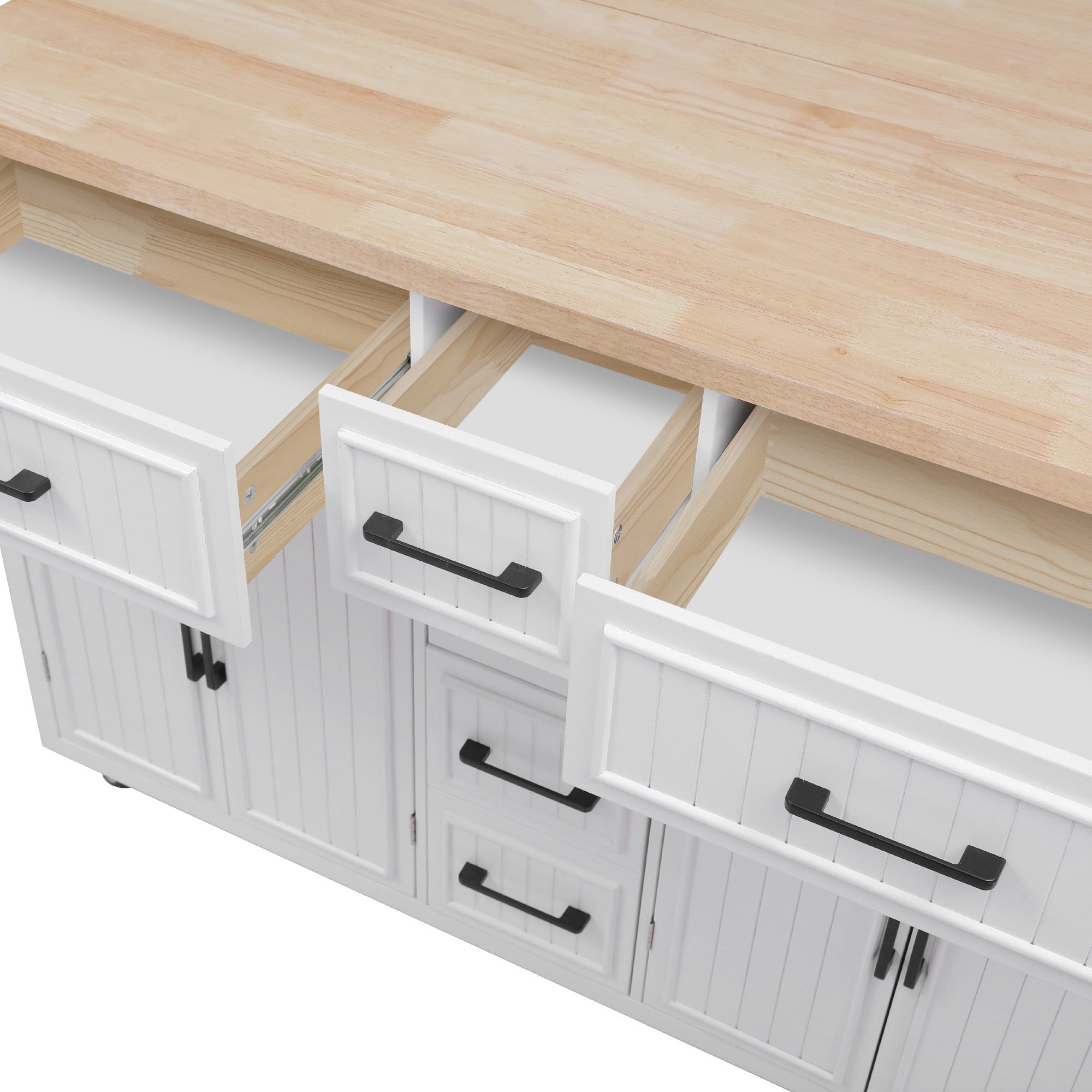 K&K 56.5'' Kitchen Island with Drop Leaf, Power Outlet, Embossed Vertical Stripe Rolling Kitchen Cart on Wheels with 4 Doors , 5 Deep Drawers and Adjustable Shelves, for Kitchen, Dining Room, Black