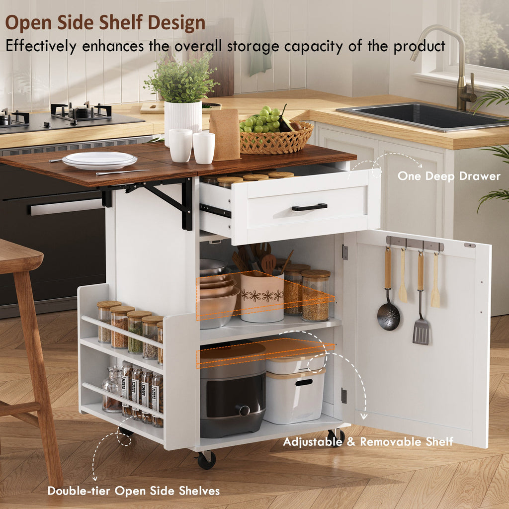 K&K 39.3' Farmhouse Kitchen Island with Drop Leaf, Kitchen Storage Island with Open Side Rack, One Drawer, Towel Rack, Rolling Kitchen Cart with Lockable Wheels for Lawn Garden, Black