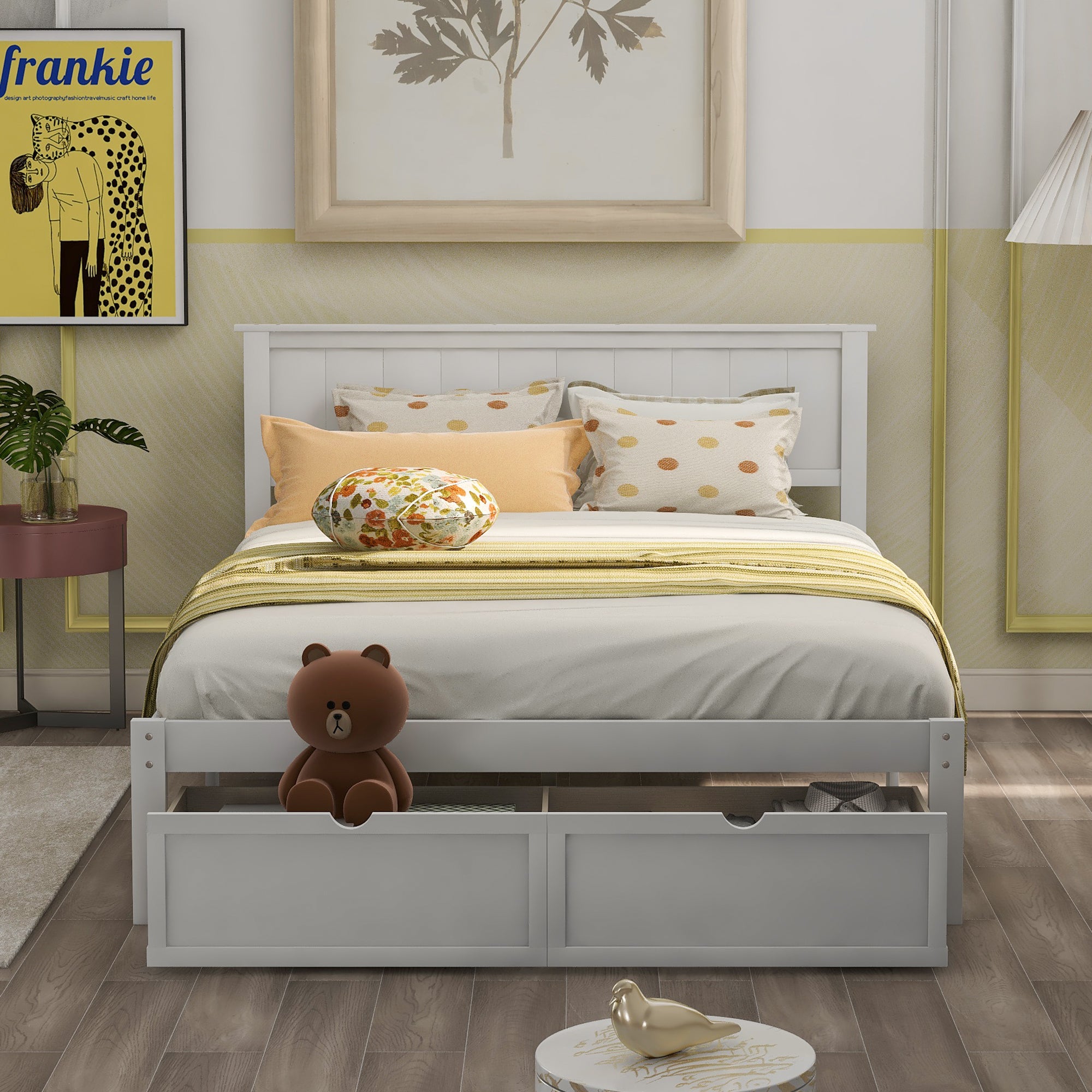 White wood platform bed frame in bedroom setting