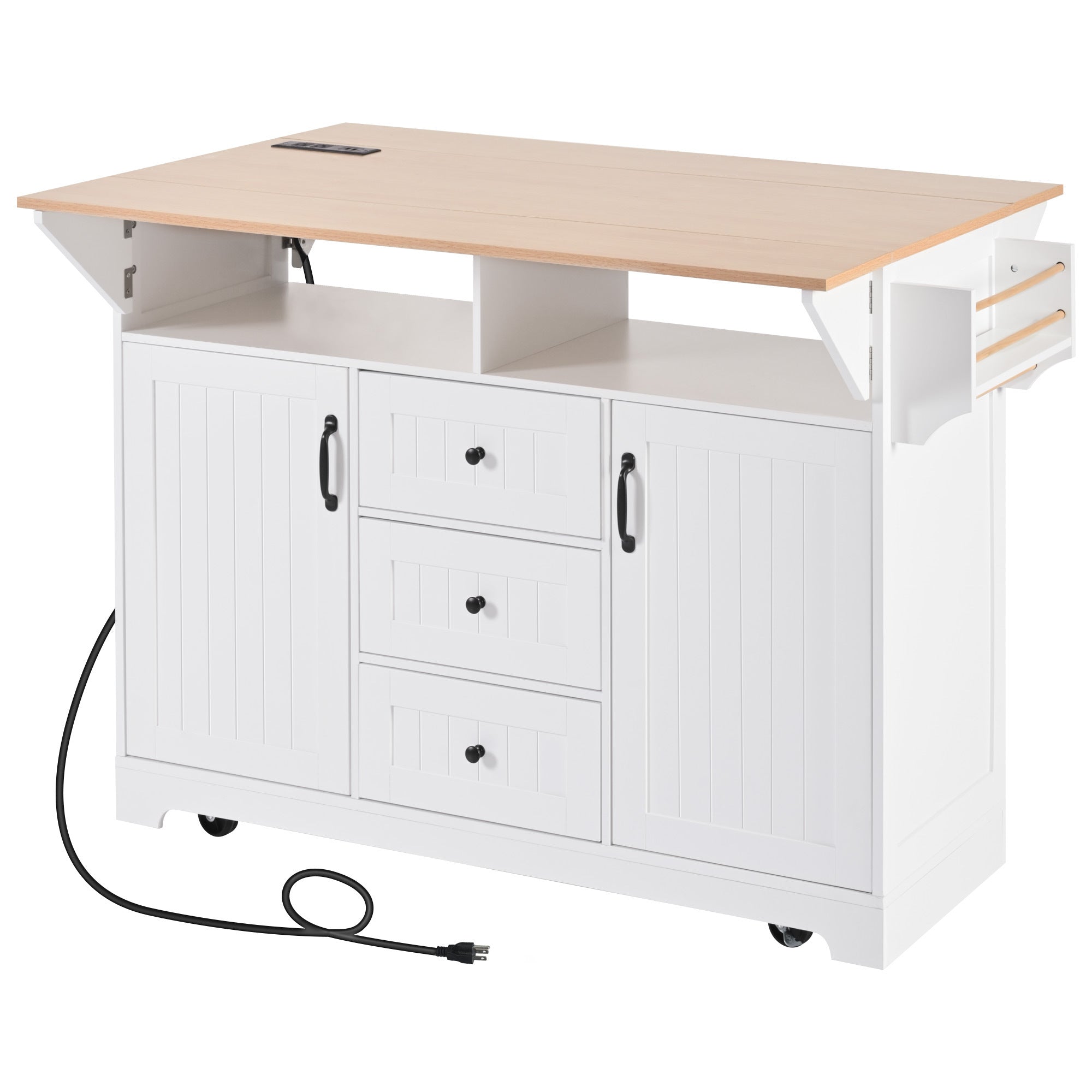 K&K 55.7'' Large Kitchen Island with 2 Drop Leaf,, Rolling Kitchen Cart on 5 Wheels with Power Outlet, Folding Storage Dining Table with Spice & Towel Rack , 3 Drawers, for Kitchen, Dining Room,Black