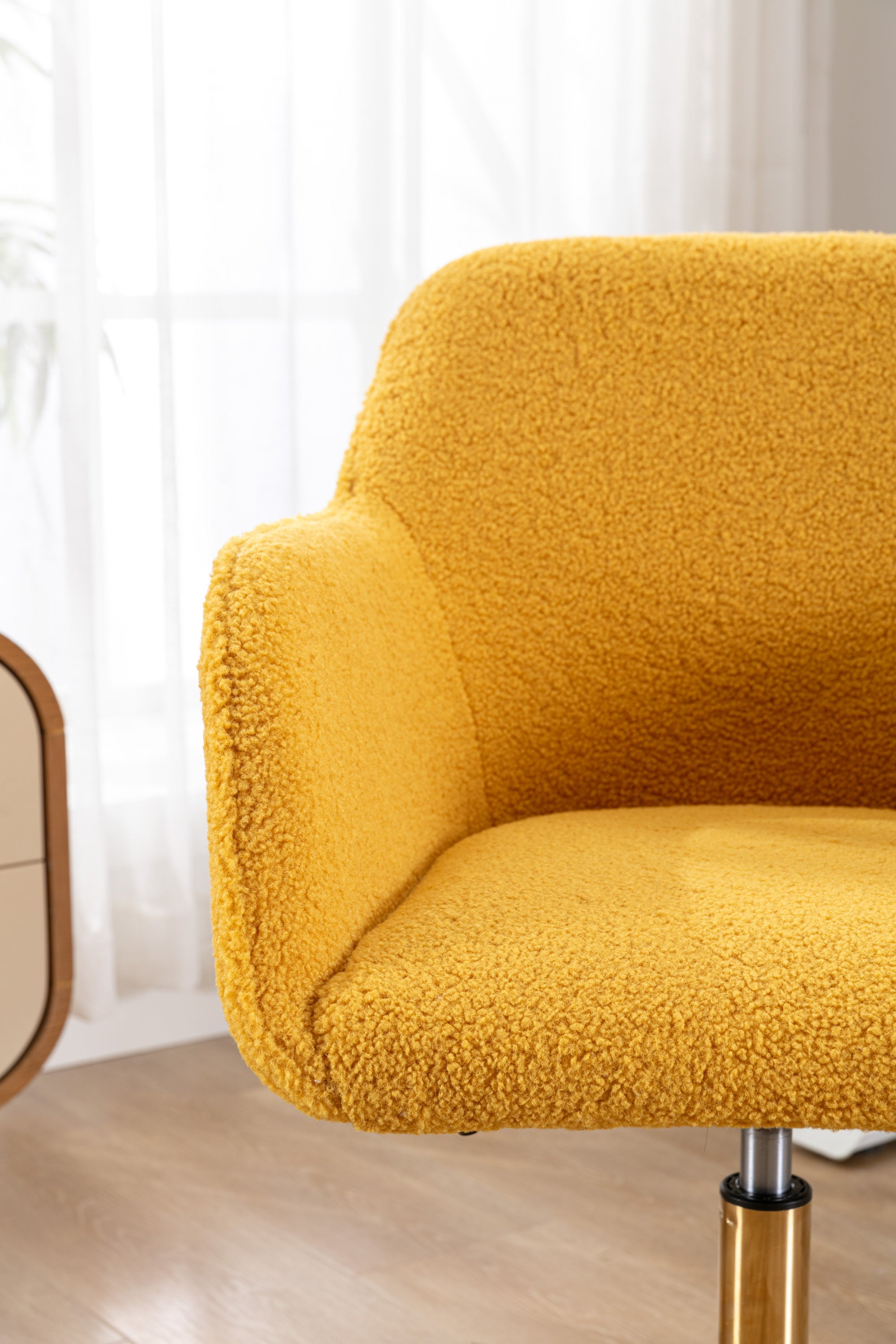 Adjustable yellow teddy fleece desk chair angle view