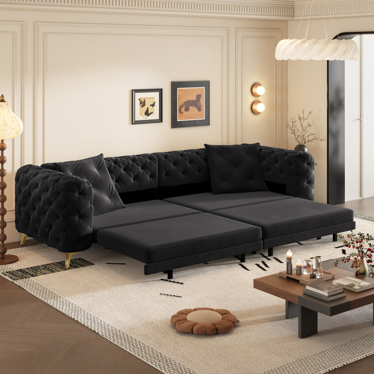 97.7' 3-in-1 Convertible Sleeper Sofa, 28.4' Deep Seat Pull Out Sofa Bed,Button Tufted Modern Sofa, 4-Seater Couch with Movable Ottoman for Apartment, Office, Bedroom,Beige/White
