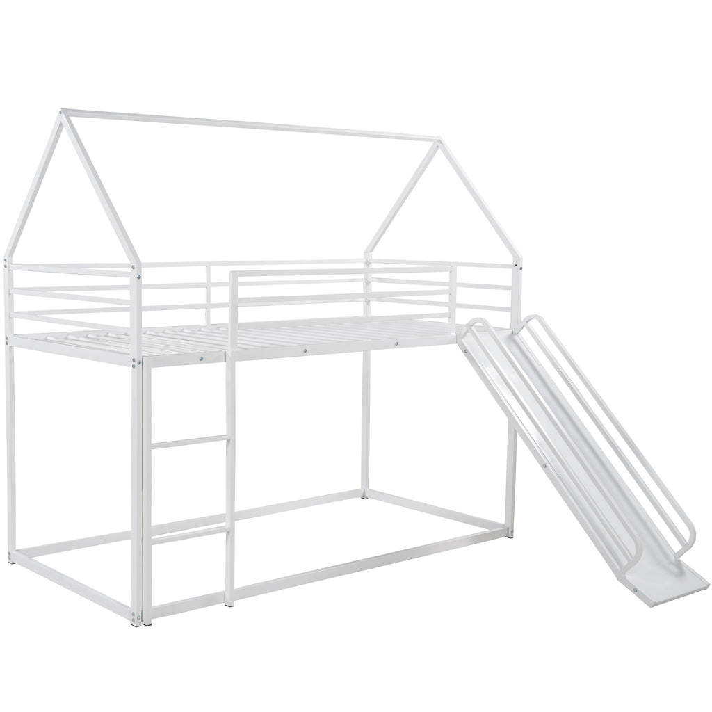 White metal house bunk bed in kids bedroom setting