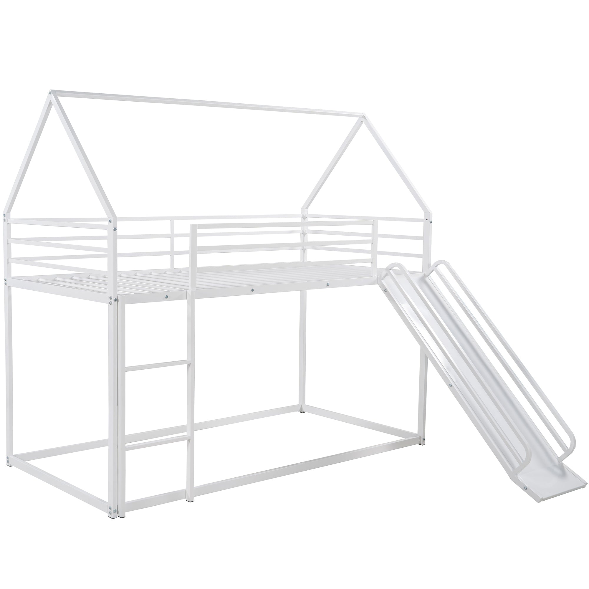White metal house bunk bed in kids bedroom setting
