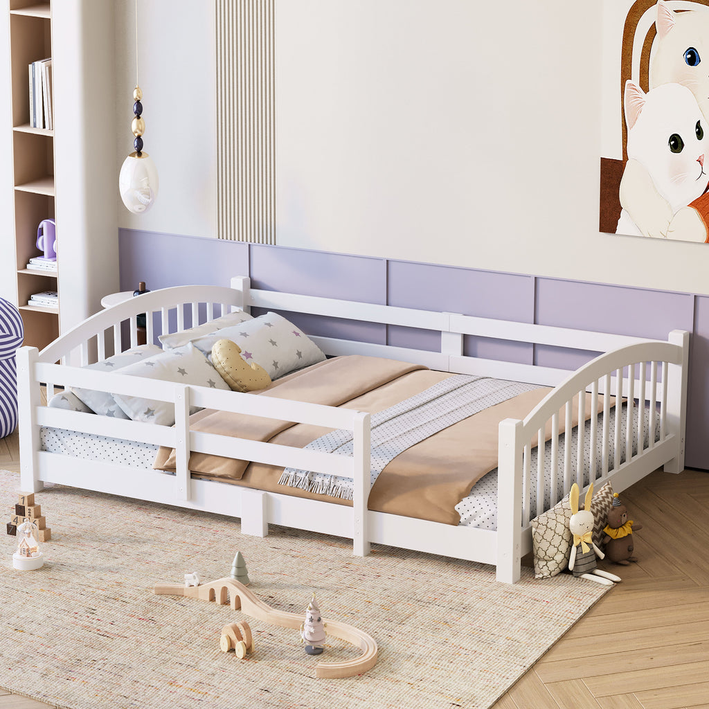 Full Montessori Floor Bed with Slats and Safety Guardrails, Solid Wood Floor Bed with Fence and Without Door, Easy Assemble Montessori Bed for Girls and Boys, Gray
