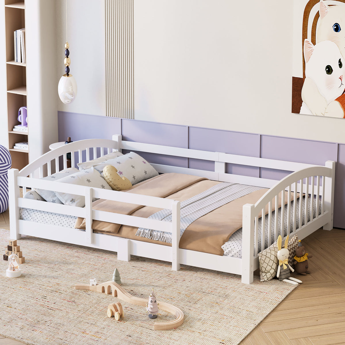 Full Montessori Floor Bed with Slats and Safety Guardrails, Solid Wood Floor Bed with Fence and Without Door, Easy Assemble Montessori Bed for Girls and Boys, Gray
