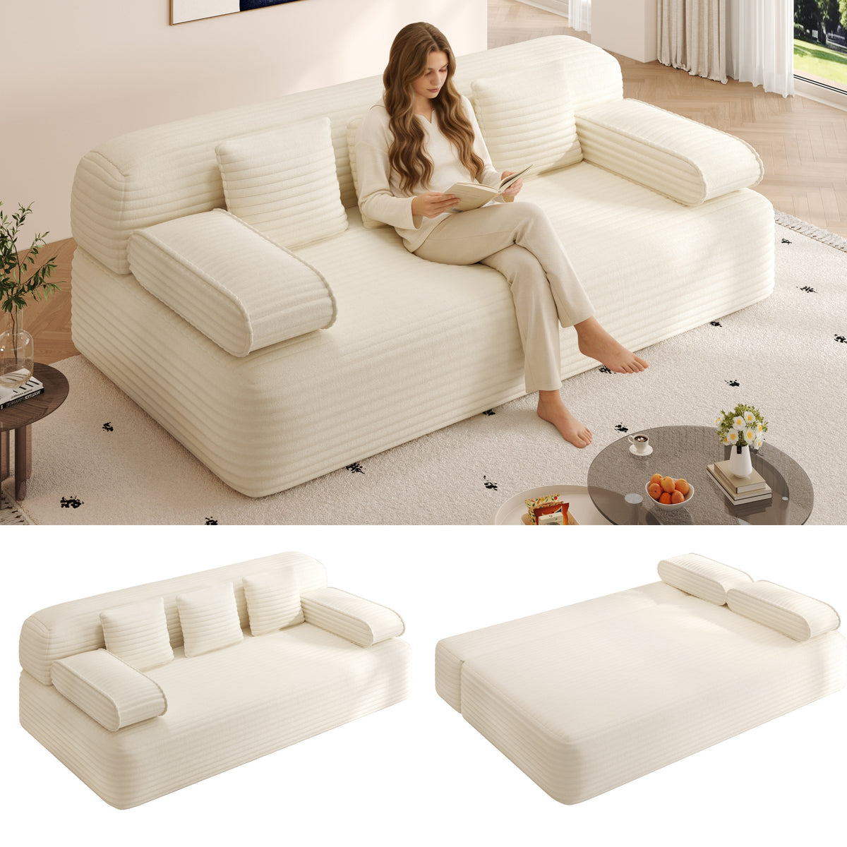 78.7' Frameless Sofa,2-in-1 Convertible Sofa Bed with 3 Pillows – Plush Corduroy Fabric, Multi-Functional 3-Seater Couch for Small Spaces, Apartments and Bedrooms,Beige