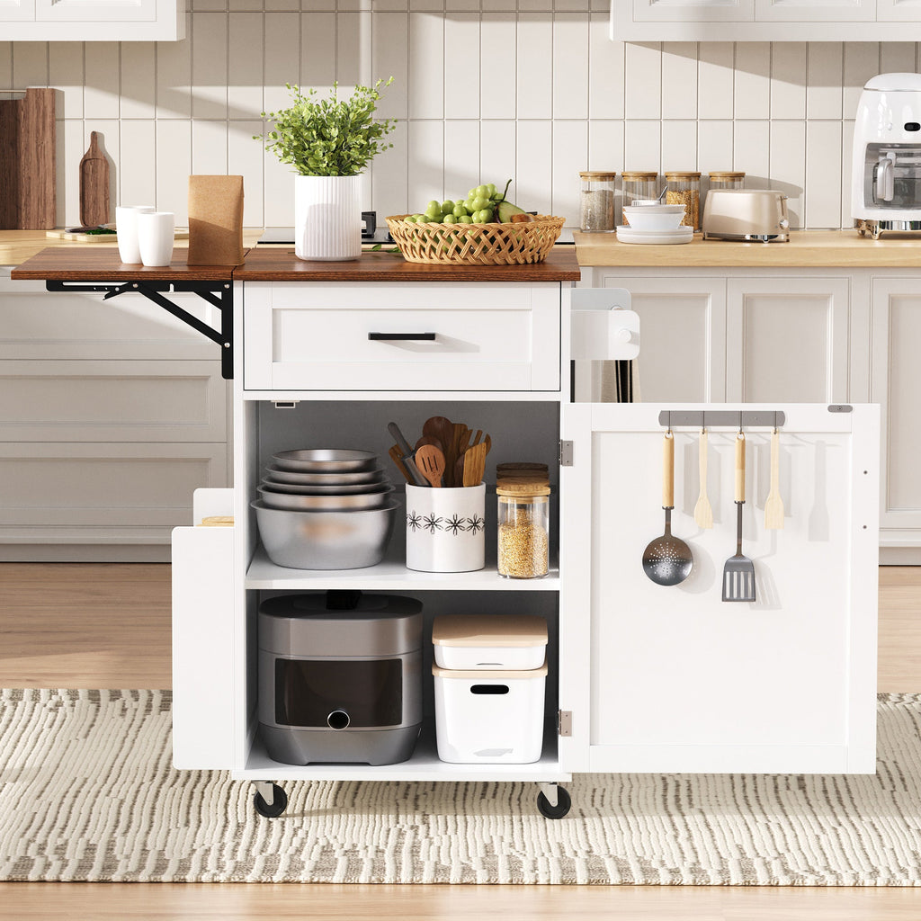 K&K 39.3' Farmhouse Kitchen Island with Drop Leaf, Kitchen Storage Island with Open Side Rack, One Drawer, Towel Rack, Rolling Kitchen Cart with Lockable Wheels for Lawn Garden, Black