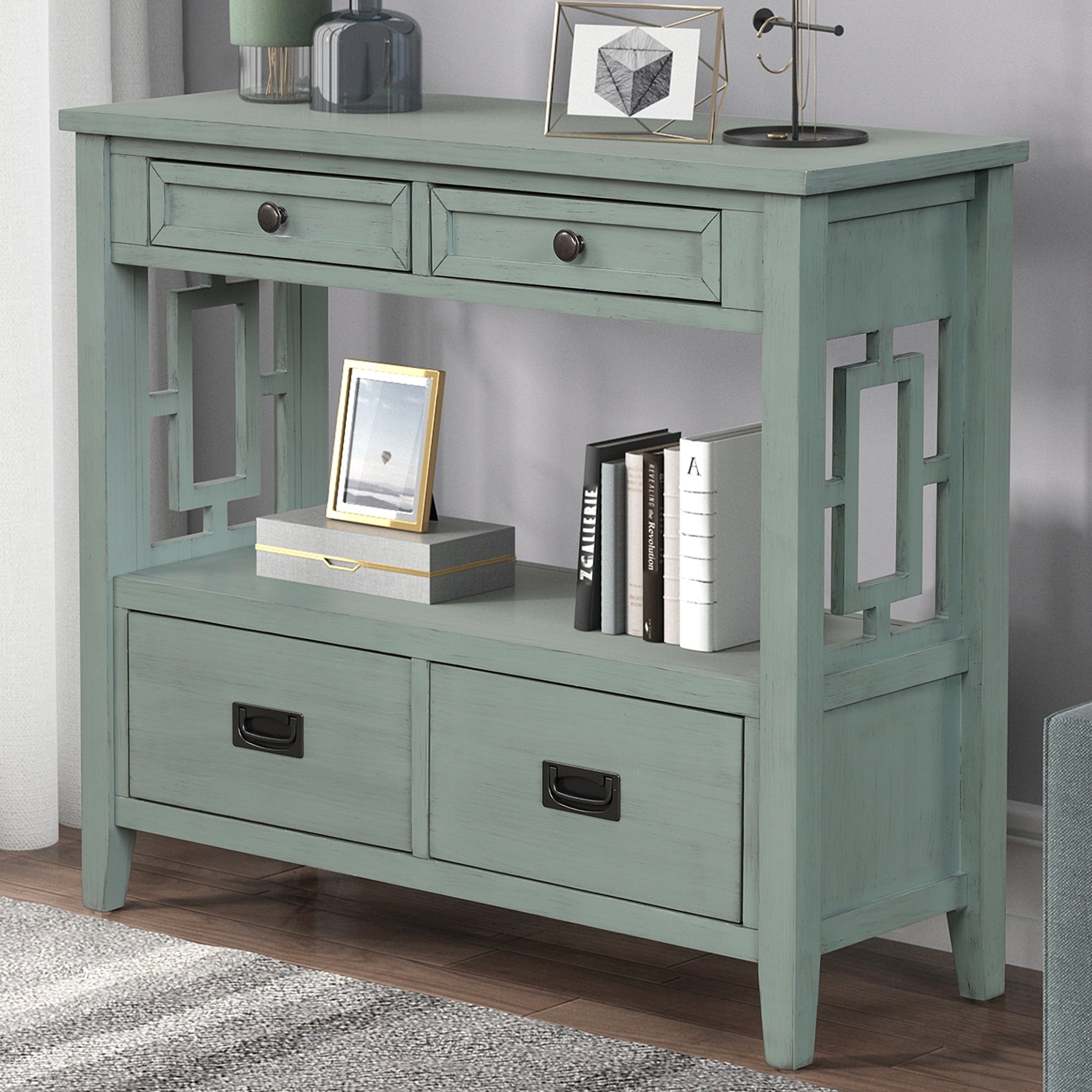 Retro blue farmhouse console table four drawers — front view