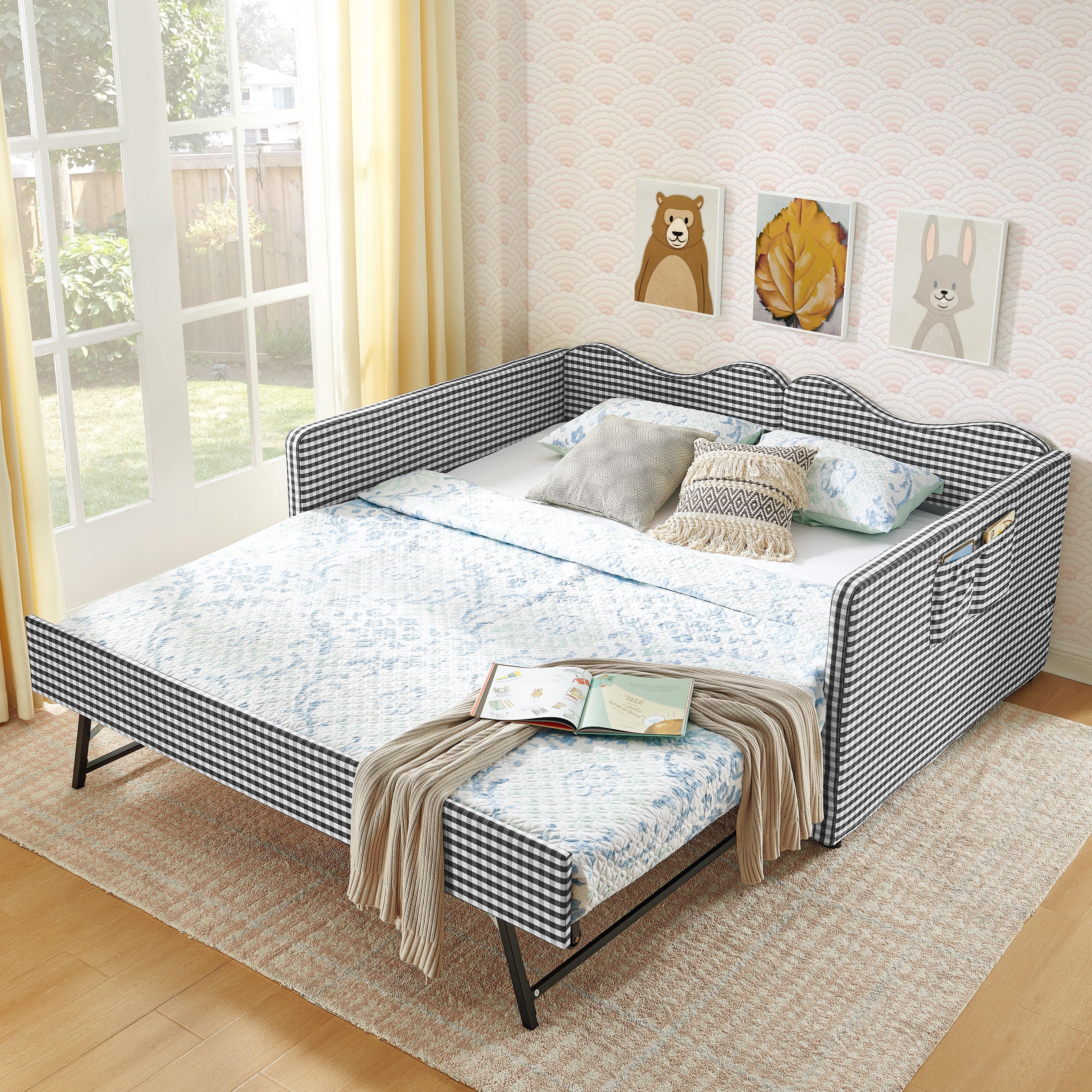 Full‑Size Daybed,Gingham Upholstered Daybed Equipped with Pull-Out Trundle Bed Frame & Side Storage Pocket, Solid Wood Frame Multi-Functional Sofa Bed for Kids Room & Guest Bedroom-PINK