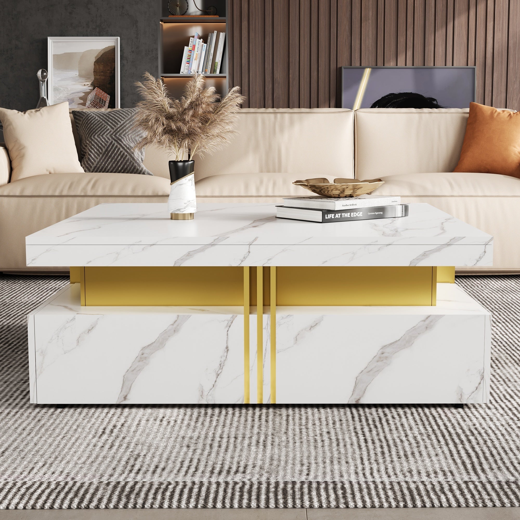 Square Storage Coffee Table — 4 Drawers & Gold Accents