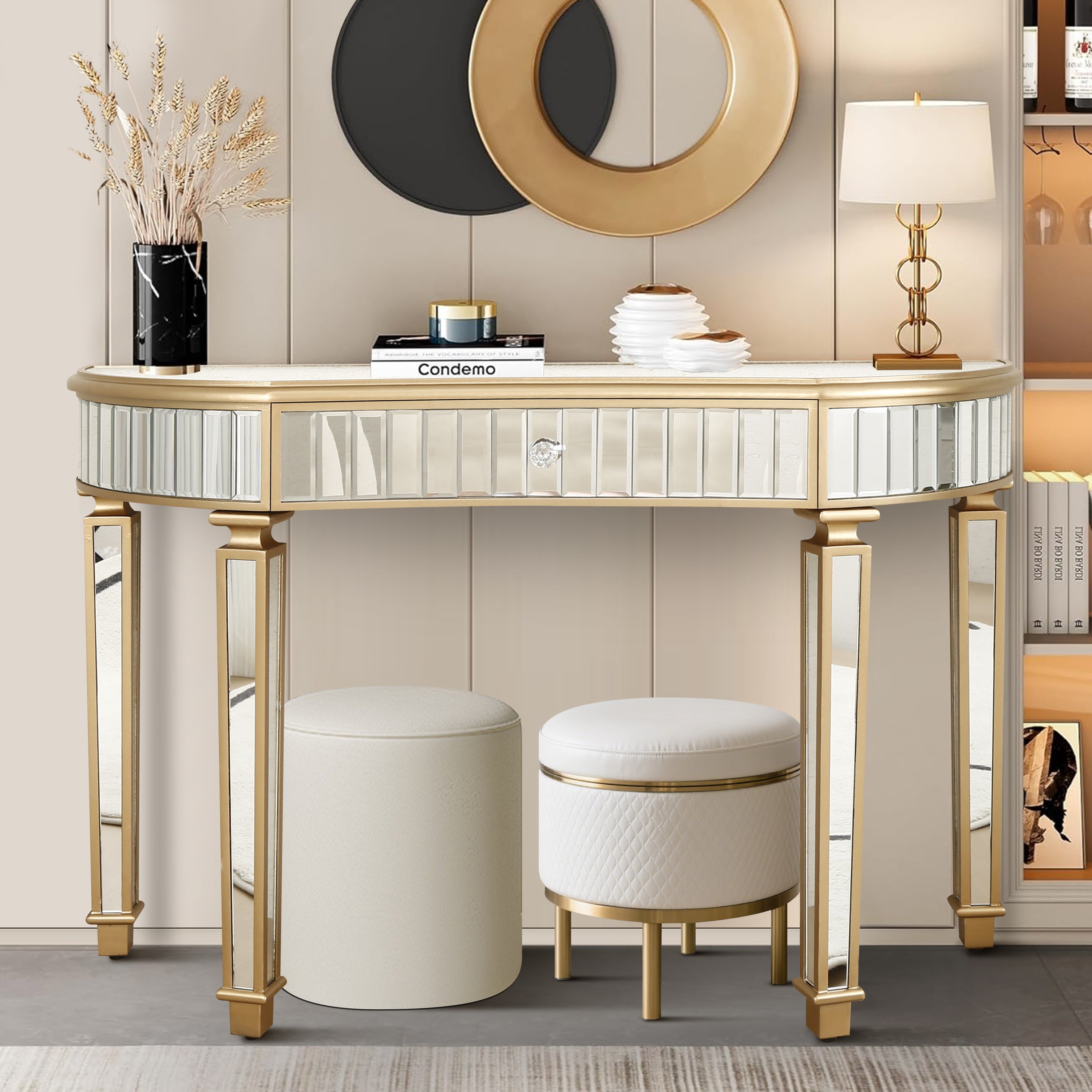 Gold and silver half-moon mirrored console table — front view