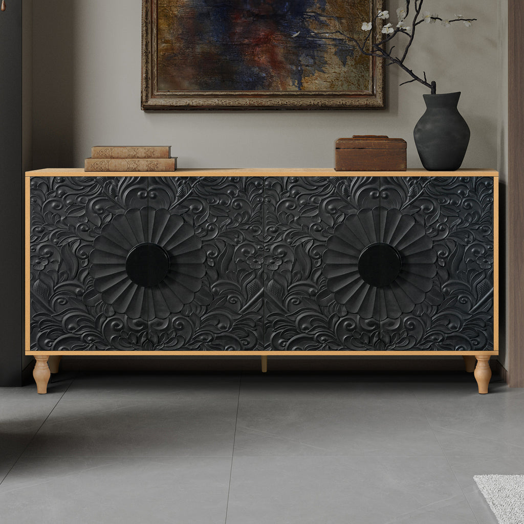 Black carved TV stand with wood frame — front view