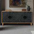 Black carved TV stand with wood frame — front view