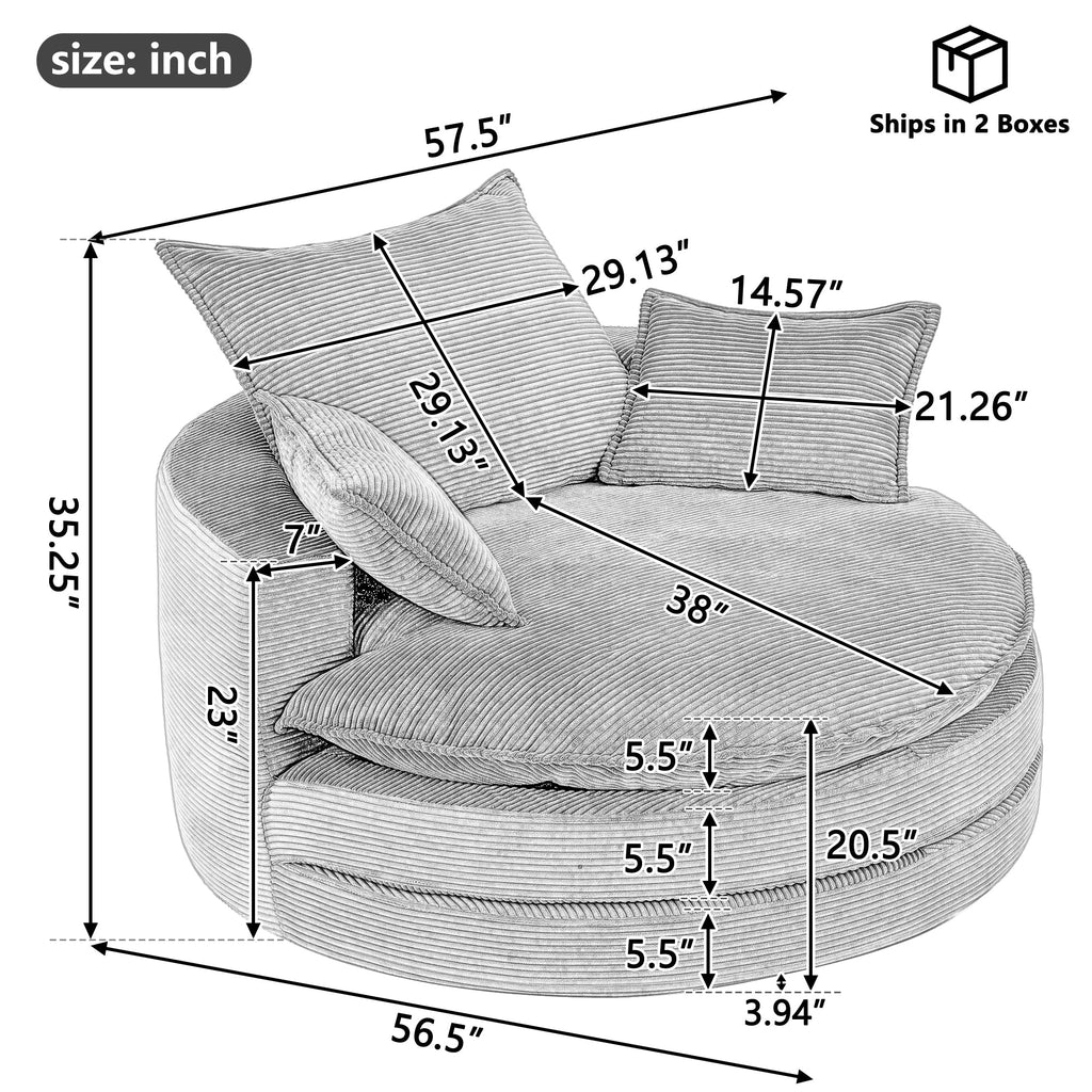 Blue Corduroy 360° Swivel Barrel Accent Chair with Dual-Layer Cushion & 3 Pillows