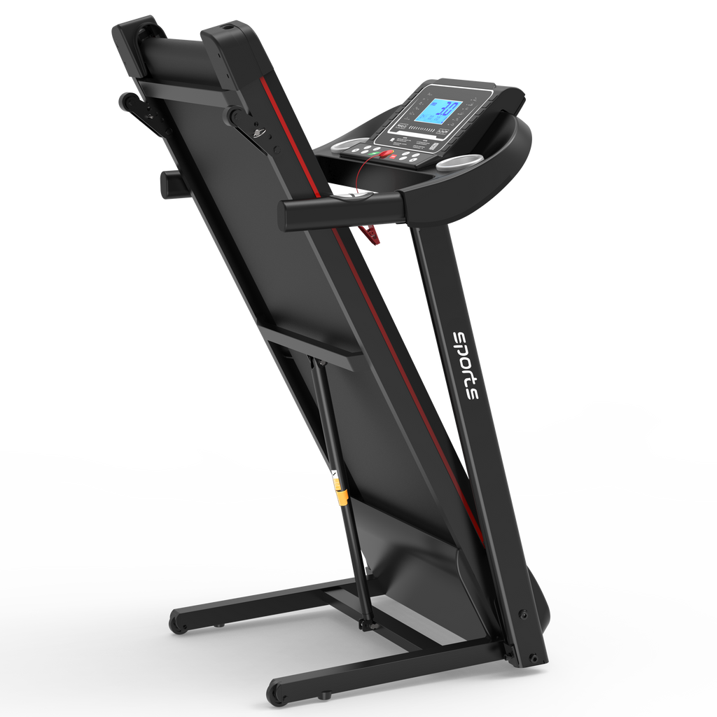 Black home gym treadmill full assembled front angle view