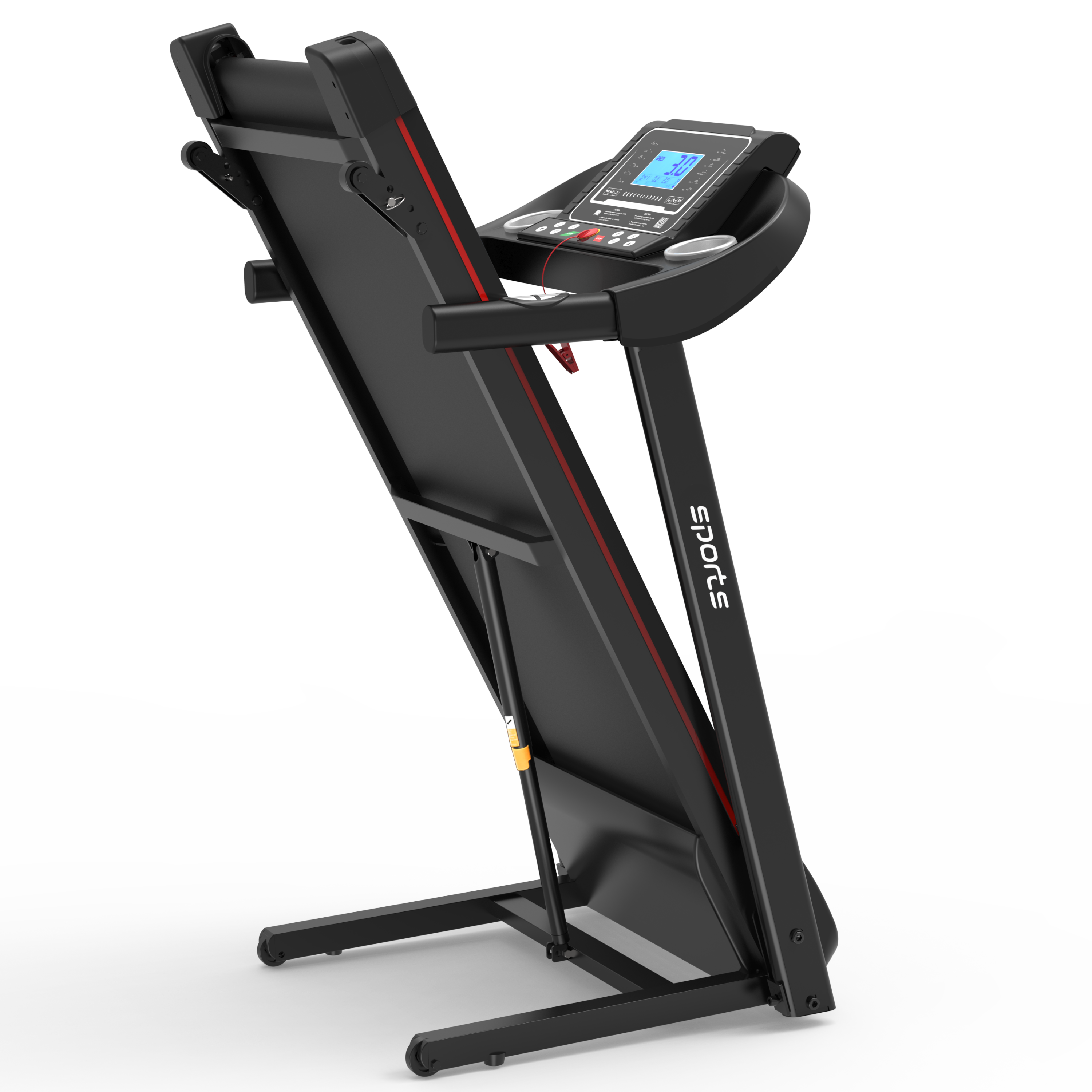 Black home gym treadmill full assembled front angle view