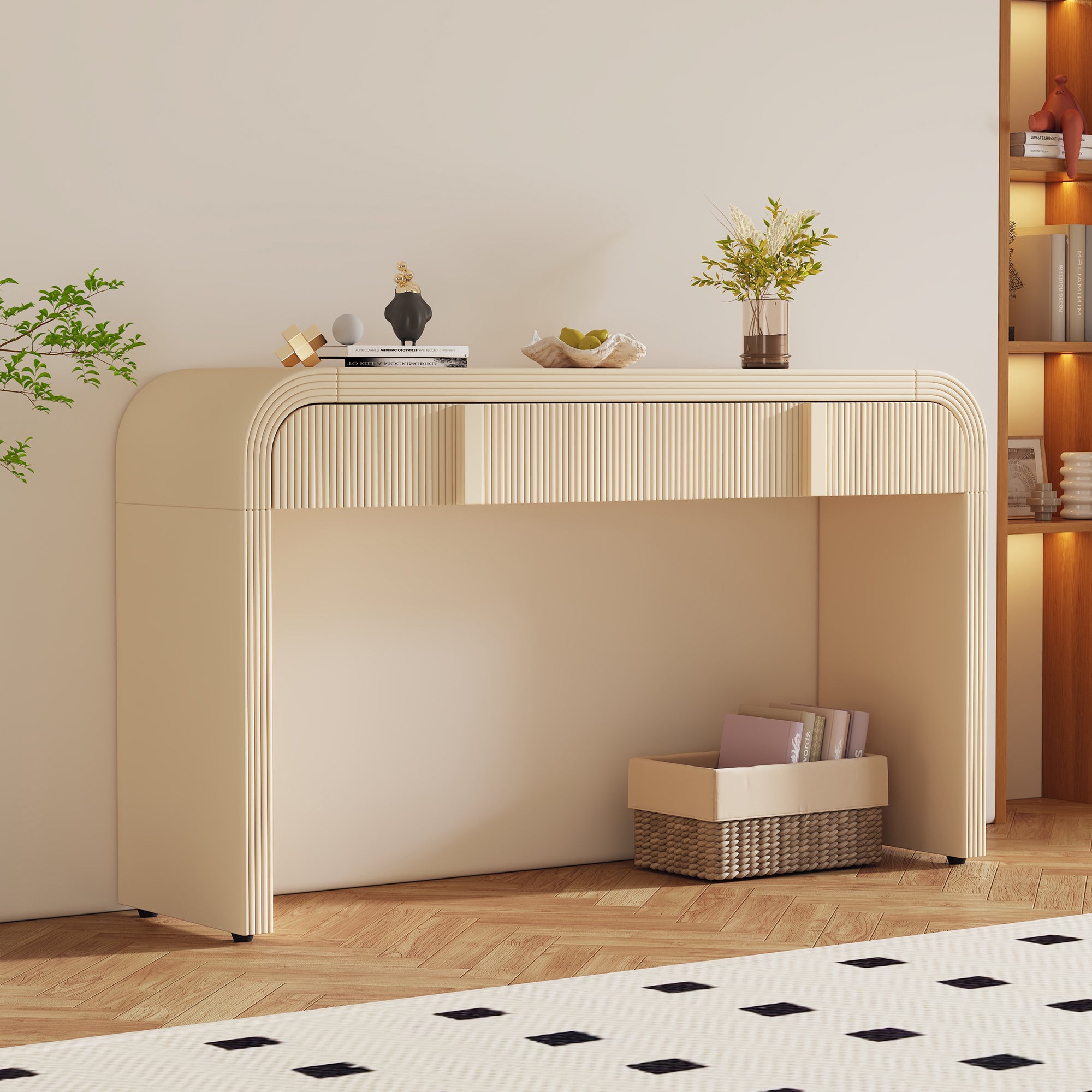 Apricot cream modern console table fluted drawers — front view