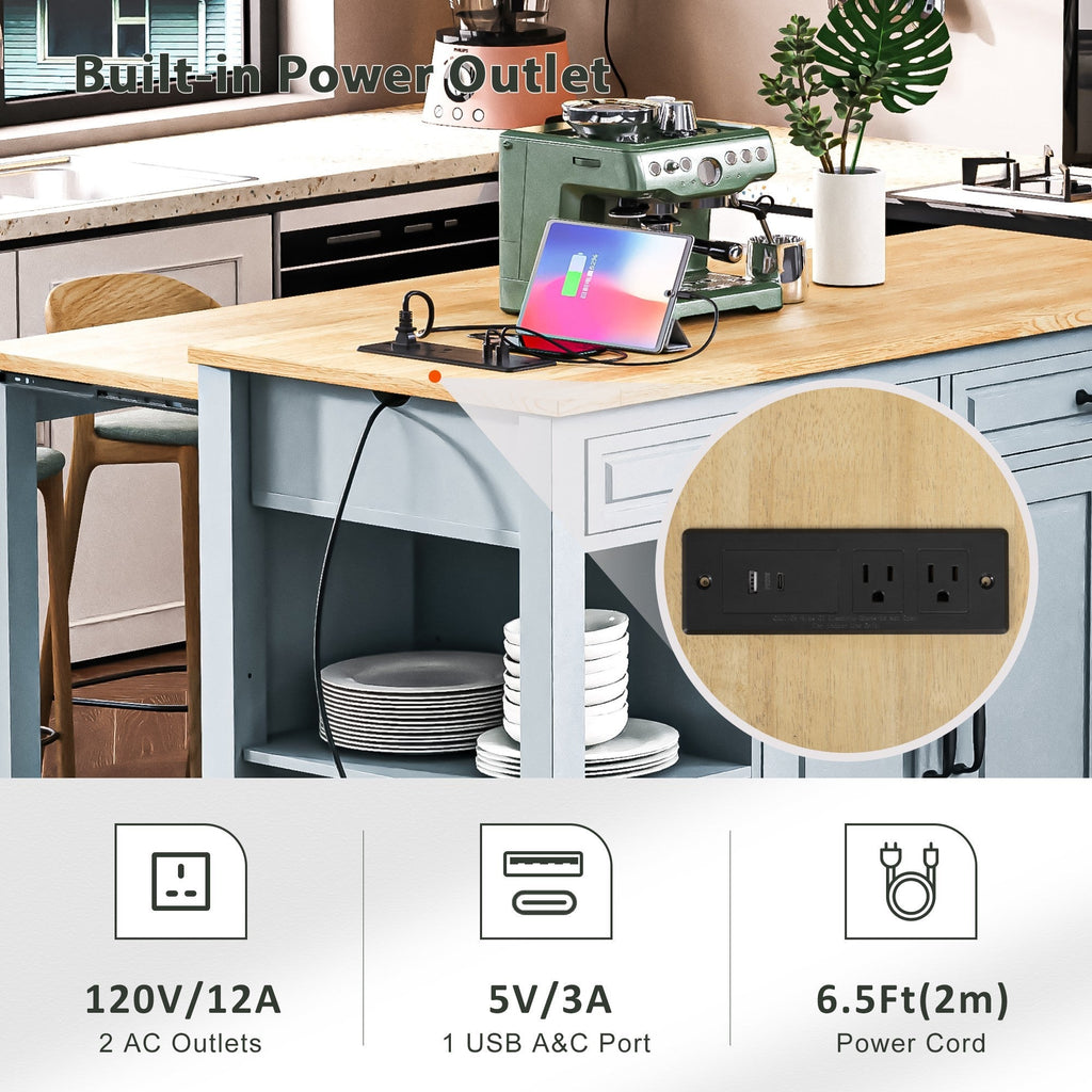 K&K 47 inch Kitchen Island with Extendable Dining Table, Rubber Wood Veneer Kitchen Table with Internal Storage Rack, Power Outlet, Kitchen island with Storage 2 Drawers 2 Cabinet, Black