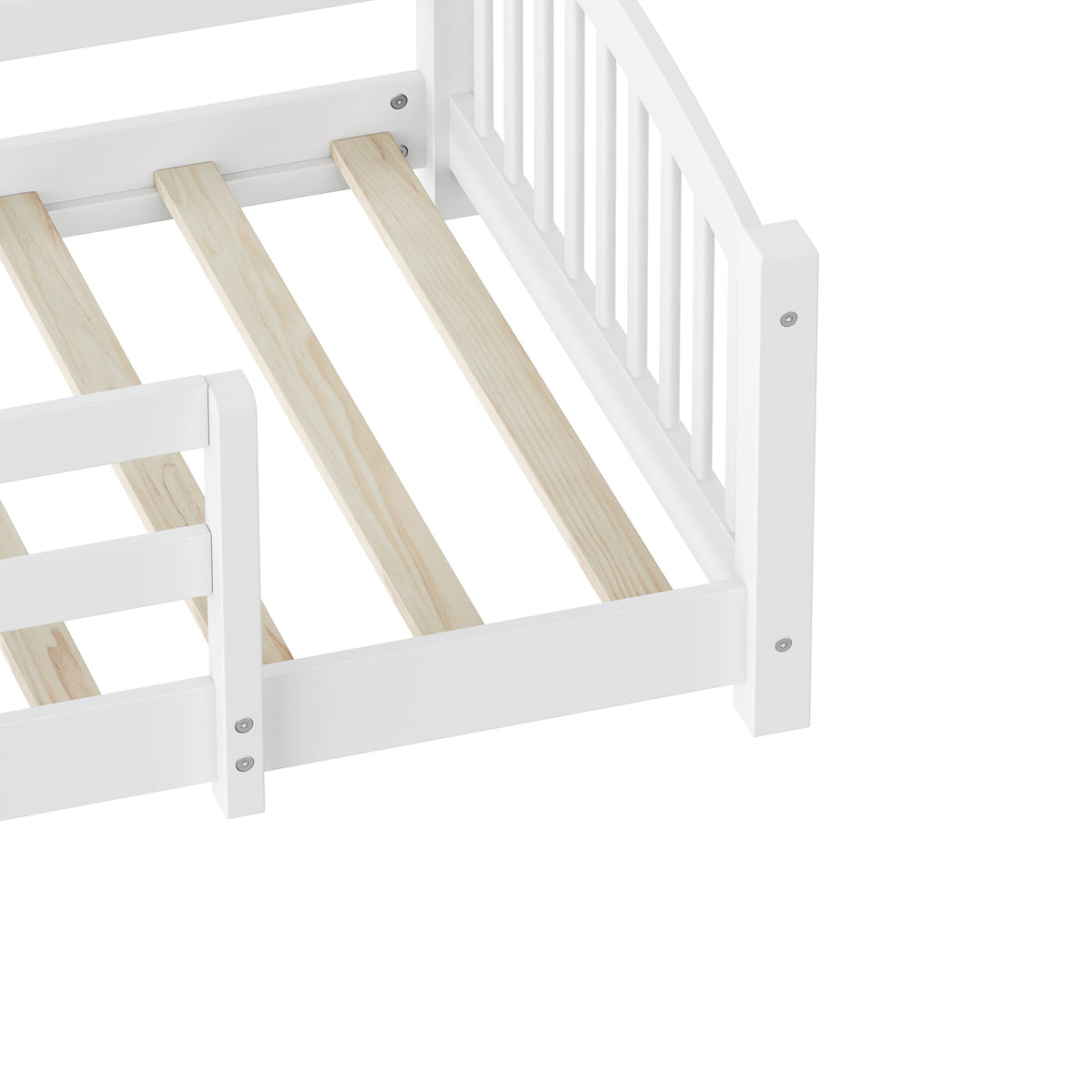 Twin Montessori Floor Bed with Slats and Safety Guardrails, Solid Wood Floor Bed with Fence and Without Door, Easy Assemble Montessori Bed for Girls and Boys, Gray