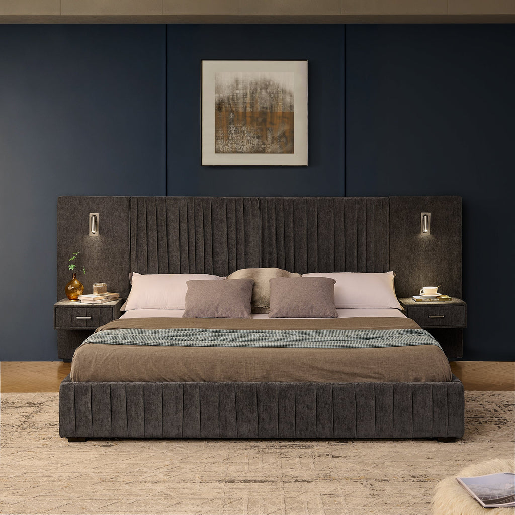 King Size Upholstered Bed Frame with Chenille fabric with pleated design,Grounded King Size Platform Bed with Headboard and Solid Frame and the bedside table.No Box Spring Needed-Blue-Green