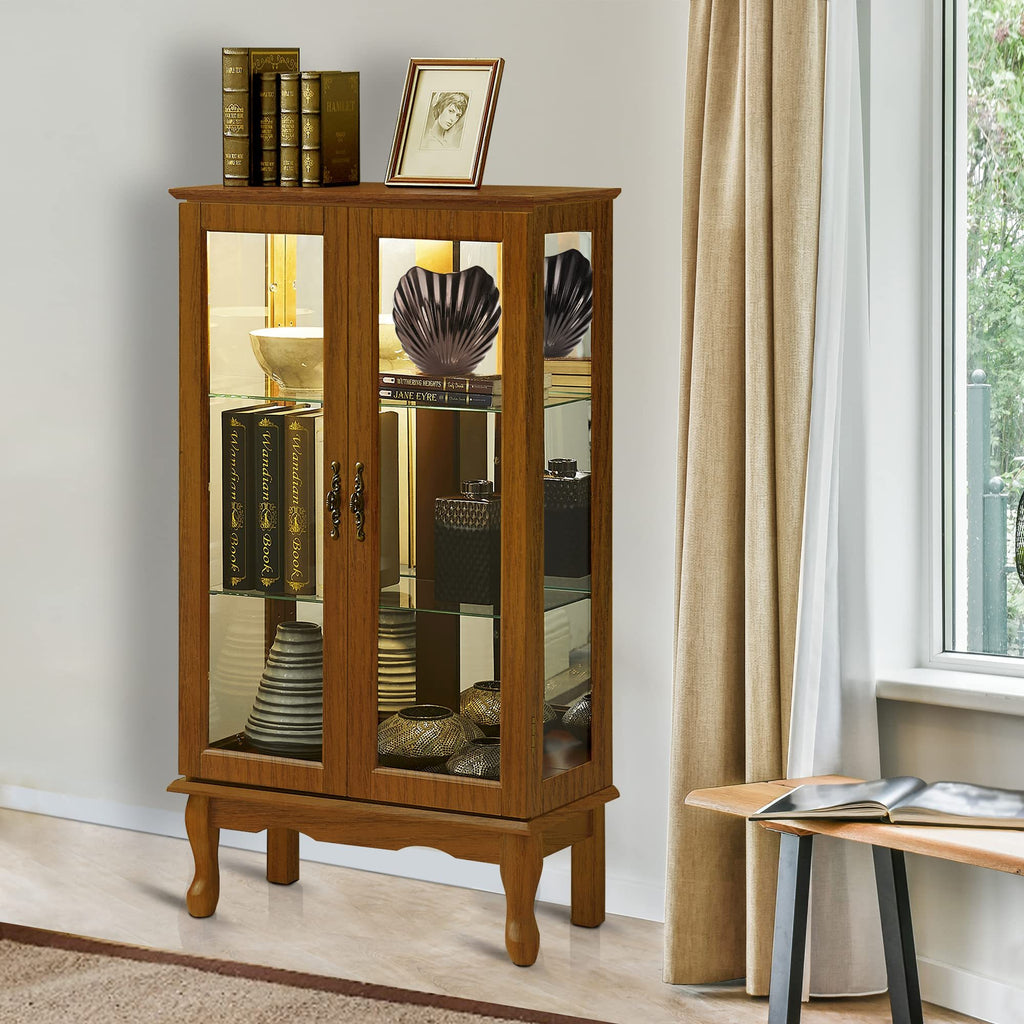Curio cabinet adjustable tempered glass shelves close-up