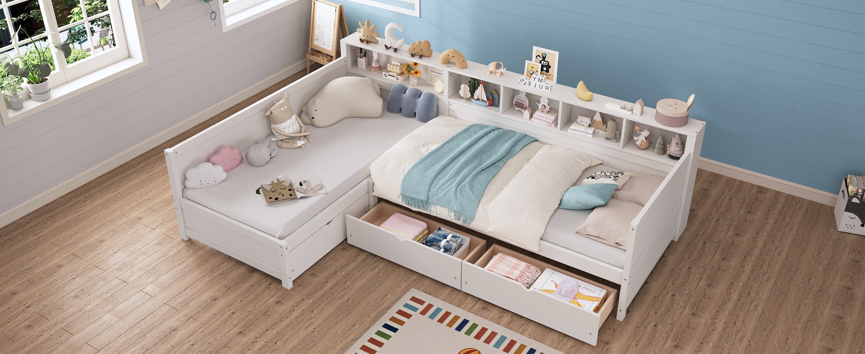 Twin Size Day Bed for 2, L- Shape Twin Size Bed Frame with Storage 3 Drawers, Wooden Corner Bed with Bookshelf, Corner Bed Frame For Bedroom, Living Room,Grey
