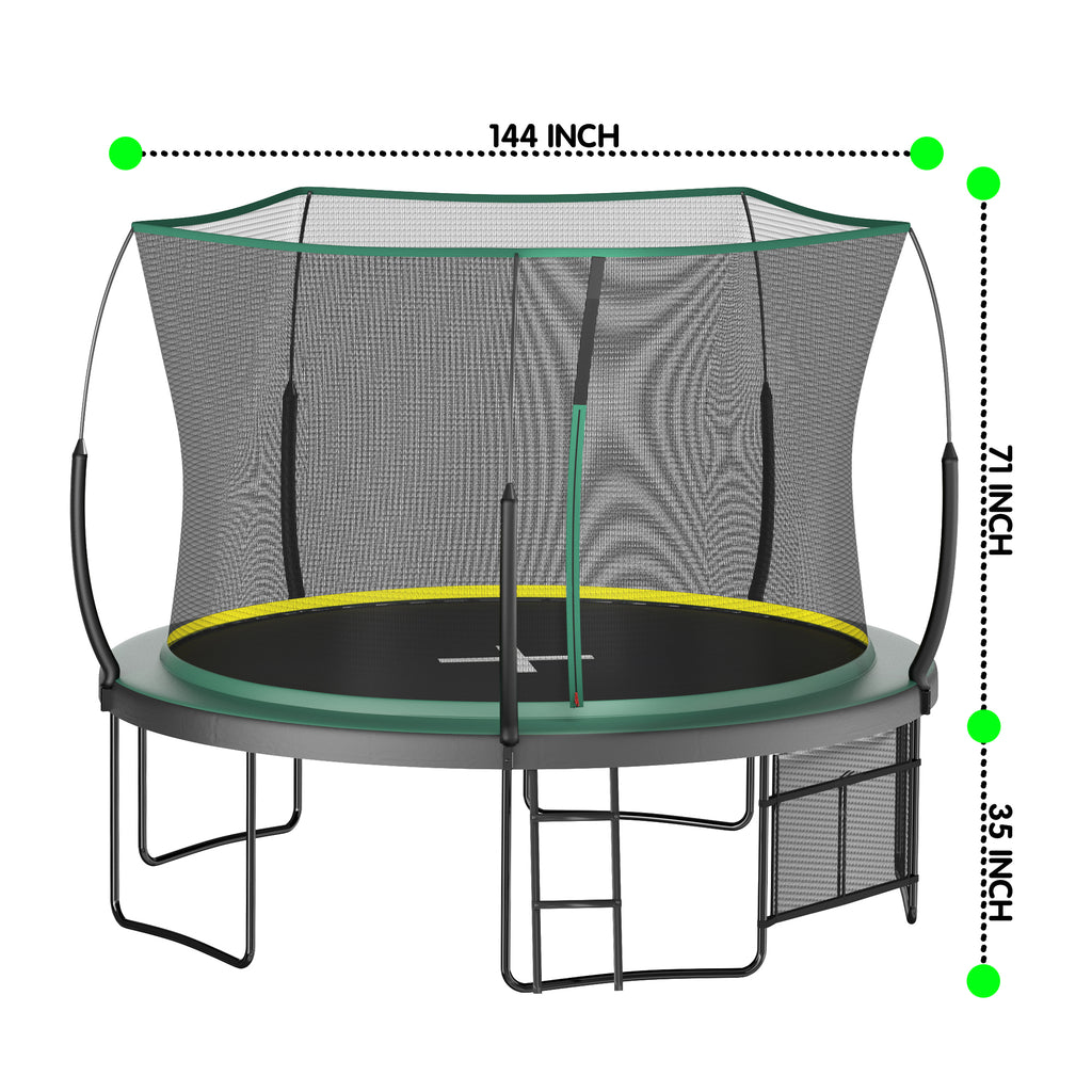 Green trampoline flexible fiberglass net poles and tension-fixed net close-up