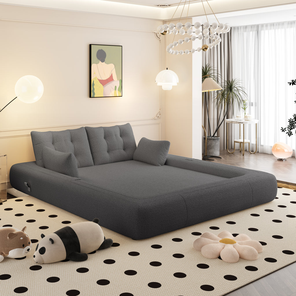 Grey sherpa sofa bed — angle view