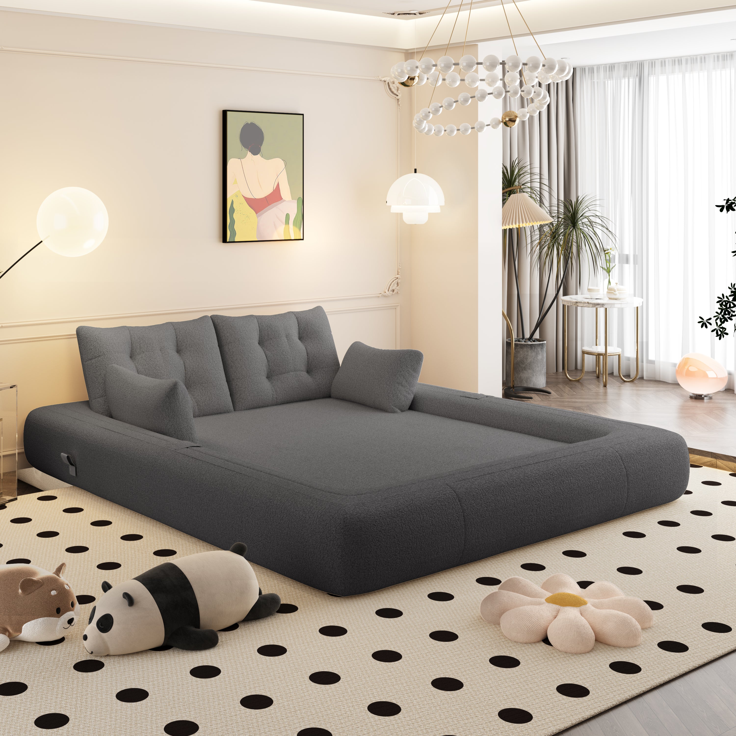 Grey sherpa sofa bed — angle view