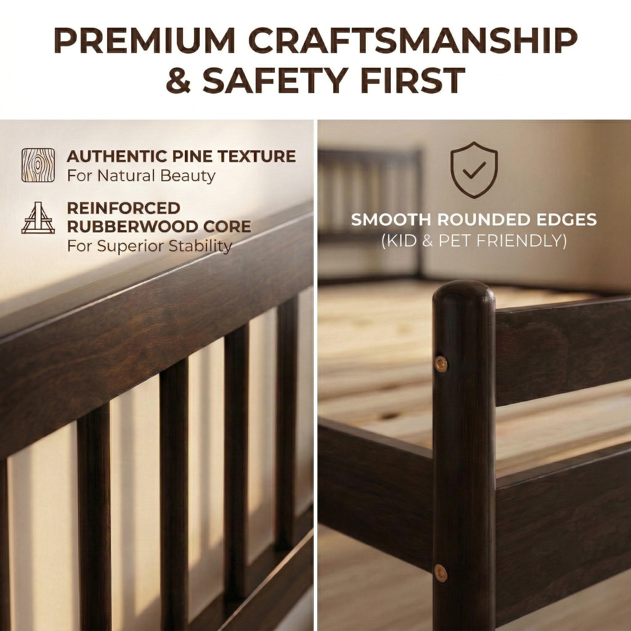 Traditional Style Queen Size Bed with Headboard and Footboard, Pinewood Bed with Strengthened Bed Frame ,Walnut