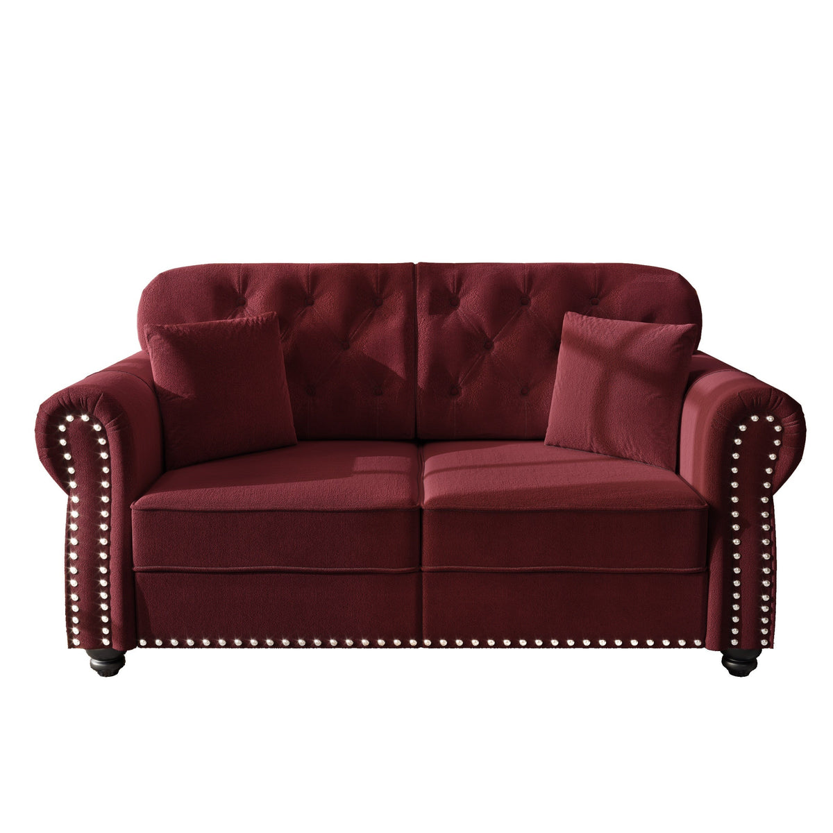 63'Upholstered Velvet Sofa with Nailhead Trim and Rolled Armrests,Mid-Century Modern Chesterfield Sofa with Button Tufted,Includes 2 Pillows,Beige/White