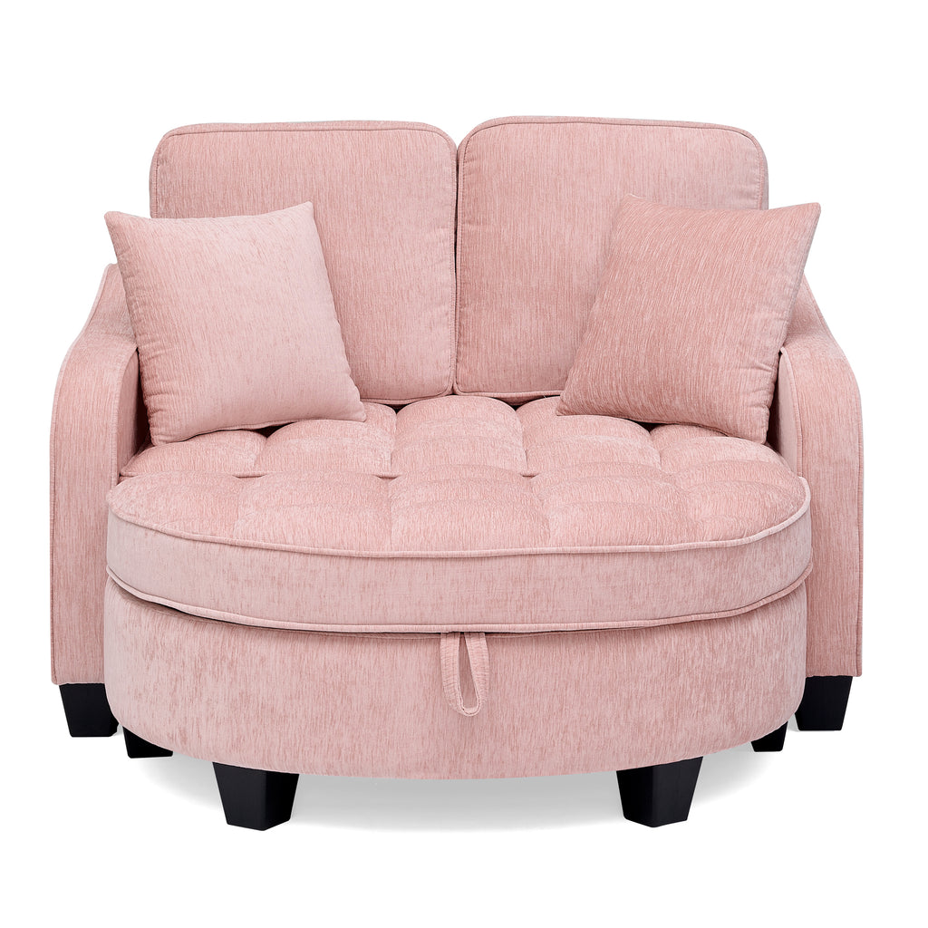Storage footrest ottoman beside pink sofa chaise