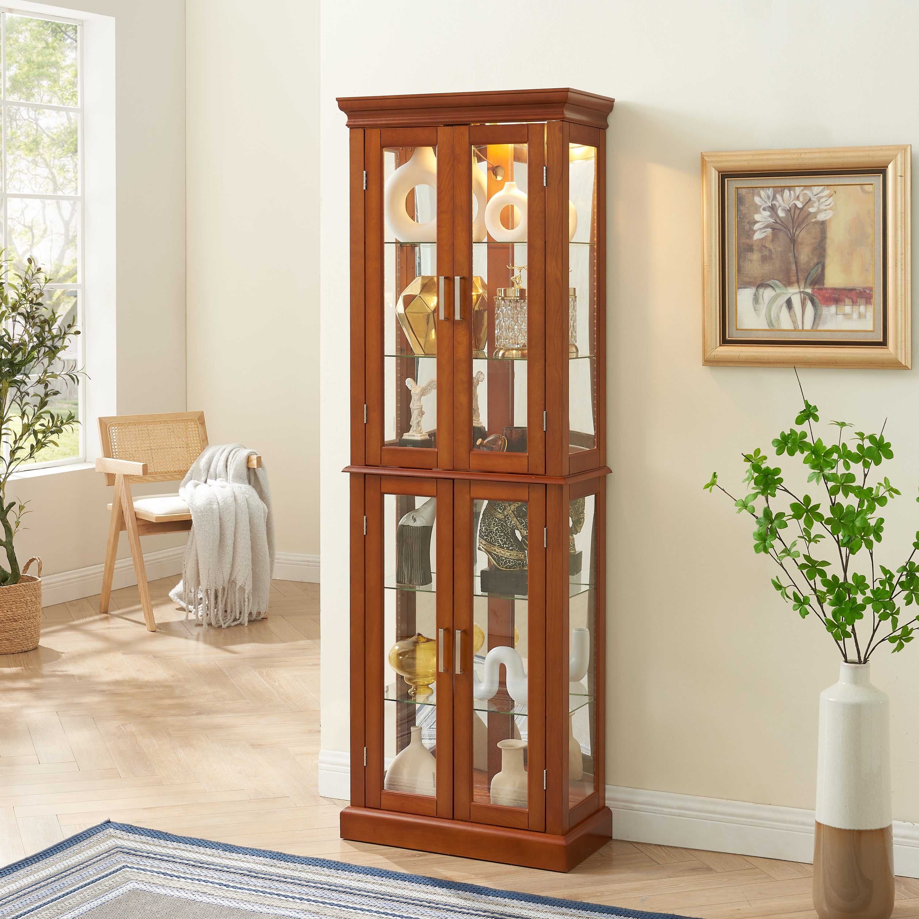 Walnut display cabinet four hinged glass doors magnetic latch