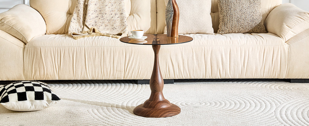 Round side table brown glass top top-down diameter view